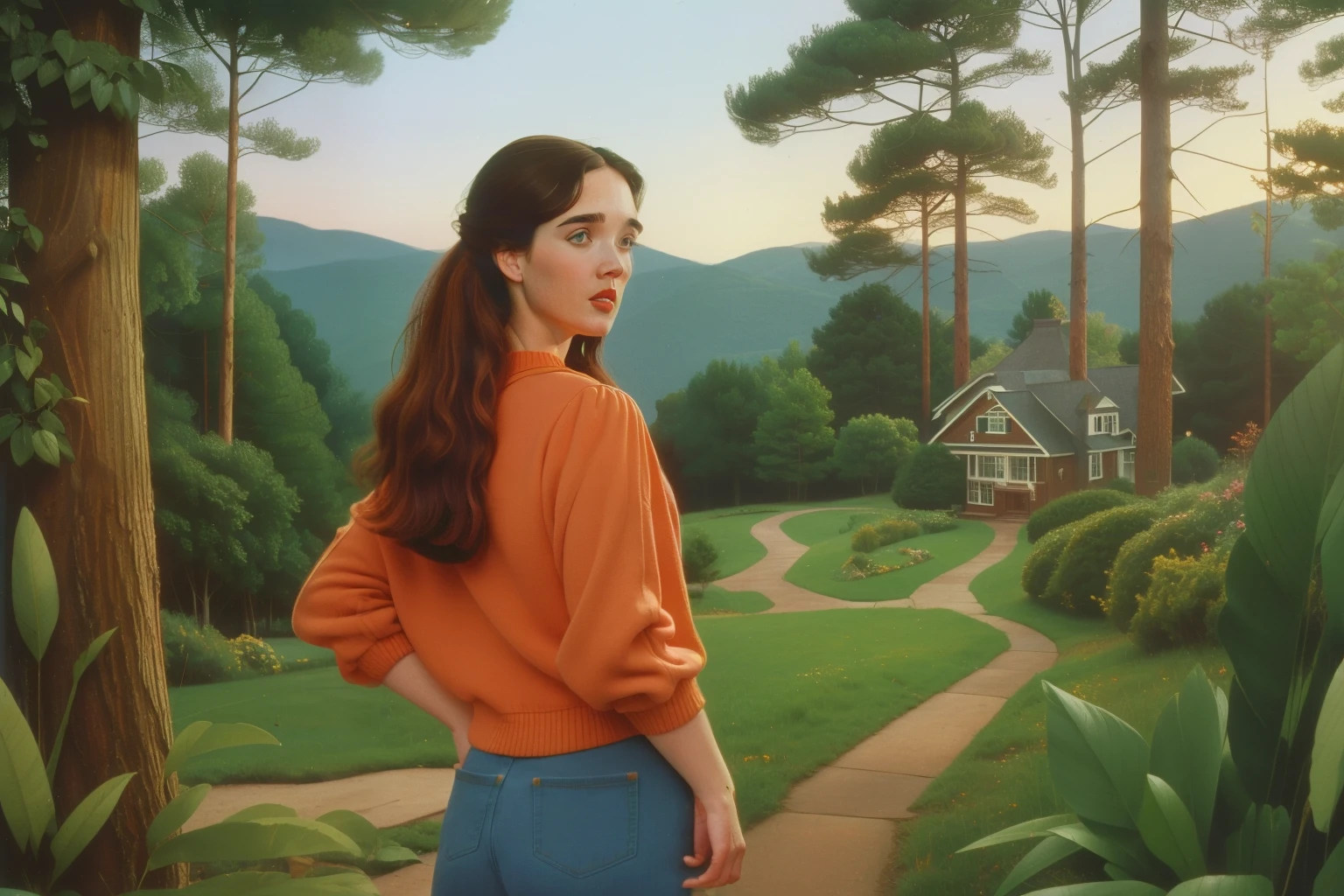 1995, Berkshire, Massachusetts. Pre-raphaelite ((((40-year-old)) Jennifer Connelly)), back view, looking at a house, surrounded by a forest, ((happy)), ((((casual Clothing from the 1990s)))) ((Hairstyle of the 1990s)), ((Wes Anderson cinematic style)), colorful