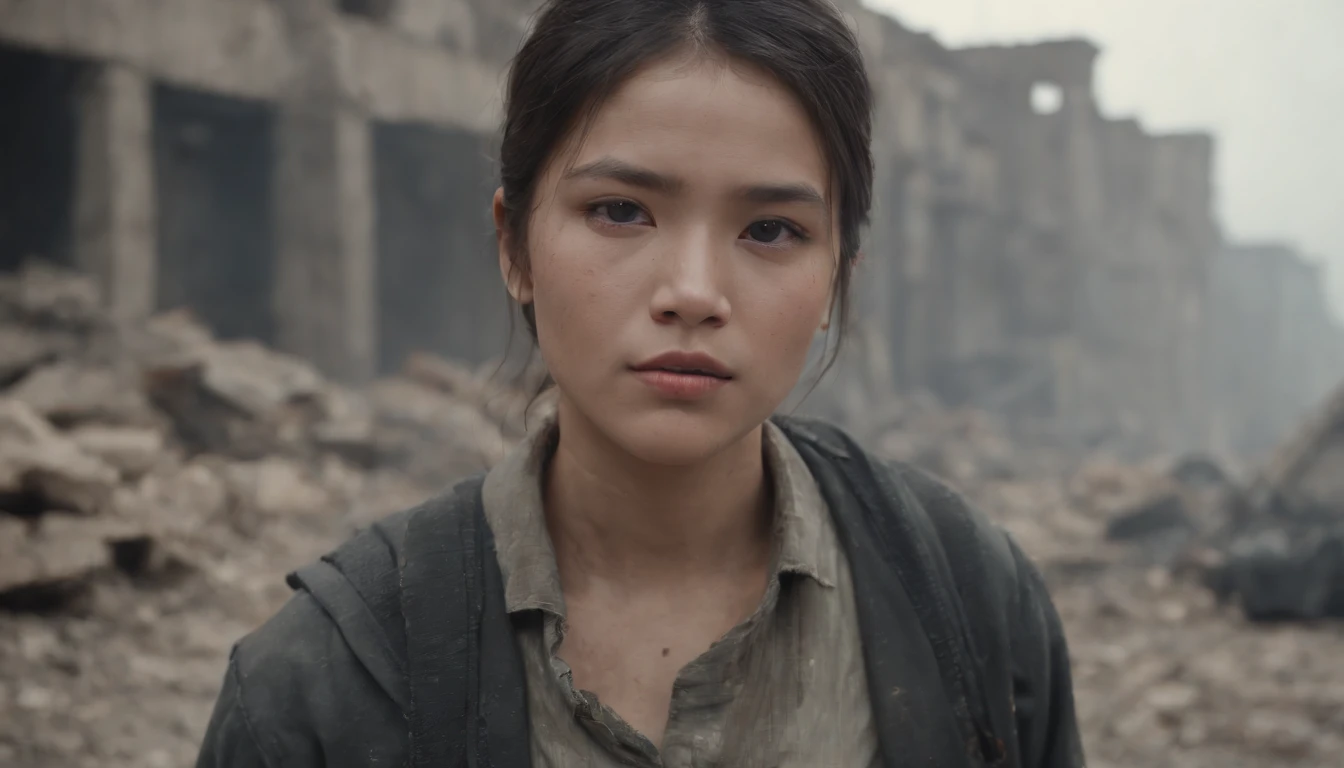 (Best quality at best,4K,8K,A high resolution,tmasterpiece:1.2),ultra - detailed,(actual,realisticlying,Photorealistic:1.37),karo, urs, Crumbling town, Destroyed buildings, greybackground, male survivor, 详细的脸, There are injuries on the face,Shoot from below, worn-out clothing, determined expression, rubble, smokes, Abandoned streets, desolated, post apocalyptic atmosphere, 废墟, relics of the past, Bittersweet memories, overcast day, dramatic lights, cinematic compositions