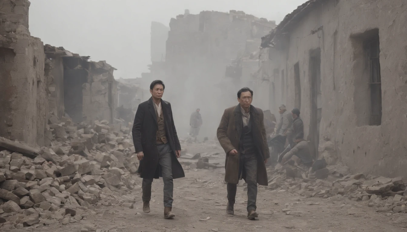 (Best quality at best,4K,8K,A high resolution,tmasterpiece:1.2),ultra - detailed,(actual,realisticlying,Photorealistic:1.37),karo, urs, Crumbling town, Destroyed buildings, greybackground, male survivor, 详细的脸, There are injuries on the face,Shoot from below, worn-out clothing, determined expression, rubble, smokes, Abandoned streets, desolated, post apocalyptic atmosphere, 废墟, relics of the past, Bittersweet memories, overcast day, dramatic lights, cinematic compositions