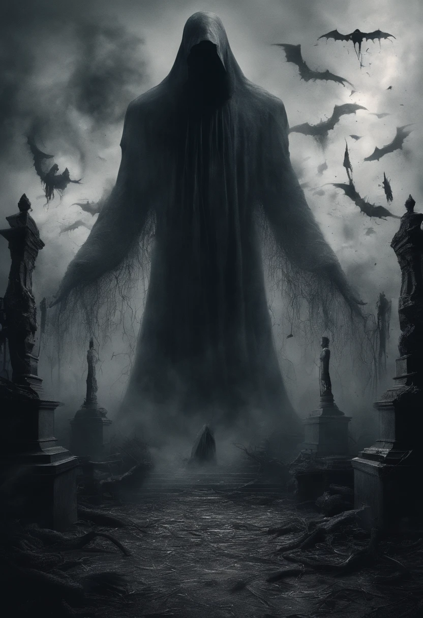 horror scene from a movie, giant tall scary ghost figures semi transparent apparitions floating and flying, smoke on the floor, in hell , busy crowd running away