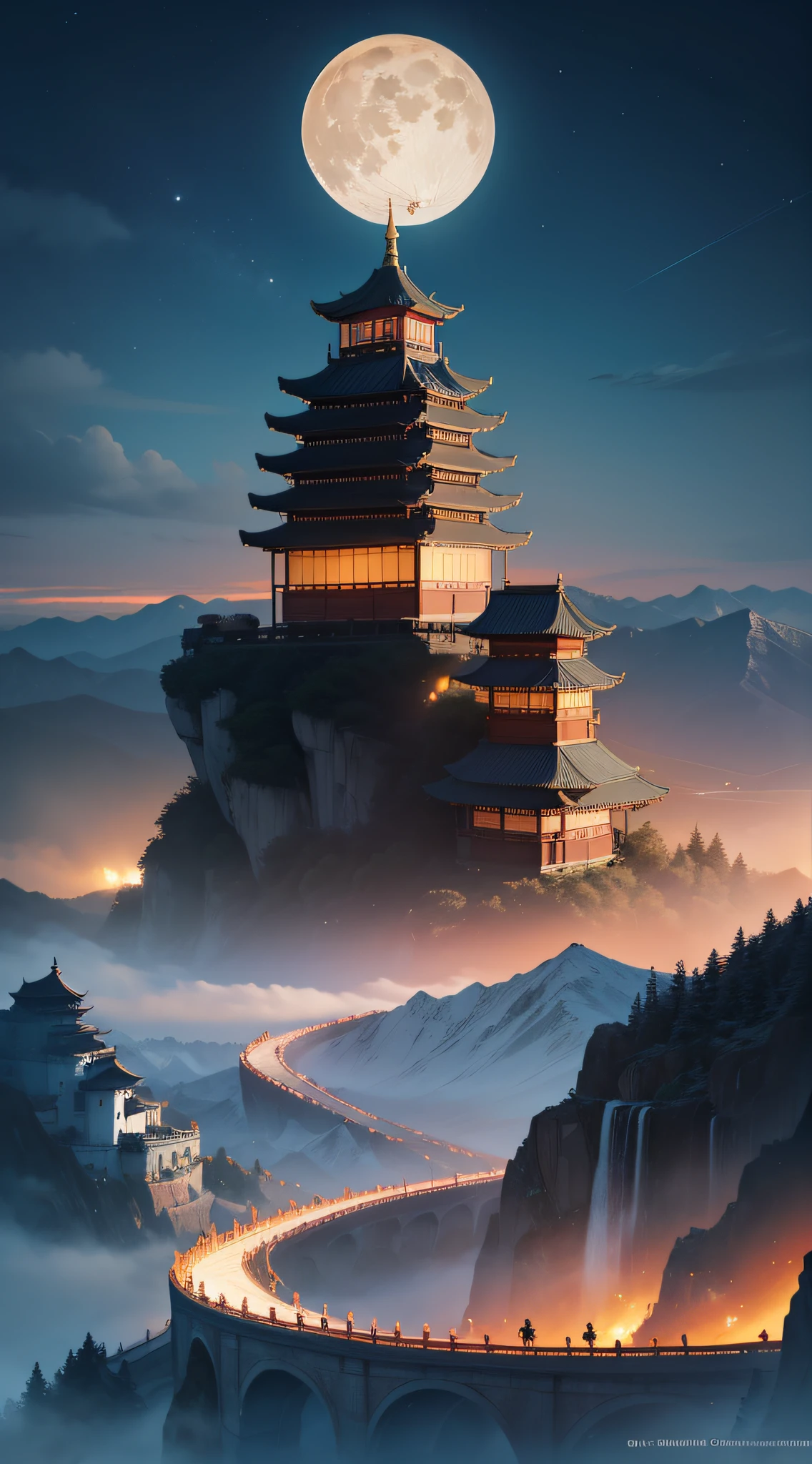 mdjrny-pprct, Chinese architecture, gardens, landscapes, sea of clouds, (high detail: 1.2)