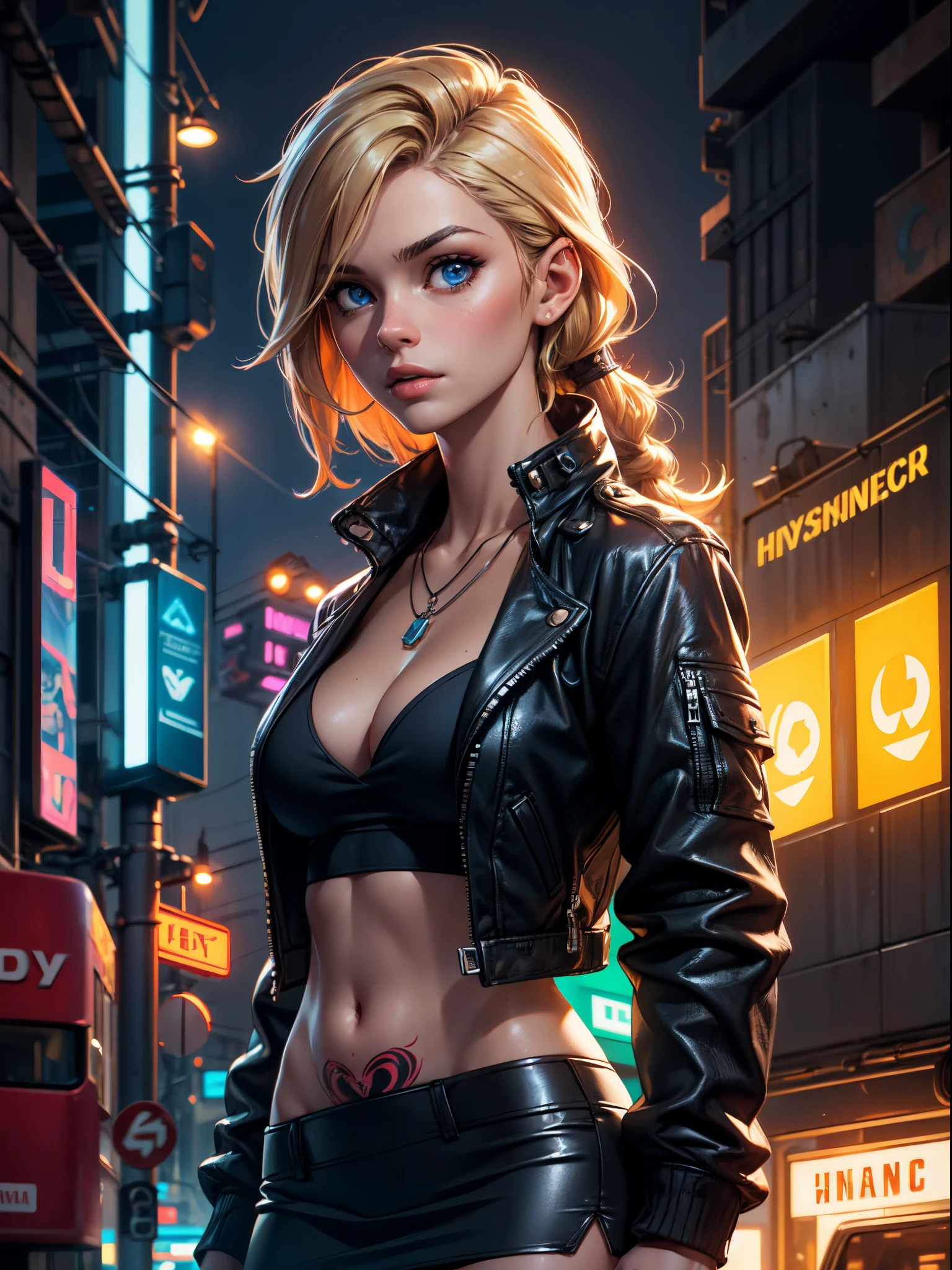 (​masterpiece), (top-quality), sunset, natural lights, ,(realistic:1.5), 1girl, long brown hair, dreadlock, slim, looking at viewer, eye contact, stunningly beautiful 20 years old girl, cyberpunk, sci-fi mercenary, detailed cyberpunk city in background, neon lights, industrial, leather jacket short_skirt, necklace, tattoos, cybernetic_implants, athletic body, toned midriff, cleavage, medium breasts, upper body, mid shot, masterpiece, detailed, mature, bright colors, high saturation, stunningly beaufiulf girl, dark blue eyes, blonde hair, wavy hair, tanned, synthwave, enahnced_beauty, precise hands, confident look、determined, bravery, Clear eyes, Shining eyes,, ultra-definition, Top resolution,  soft lightning