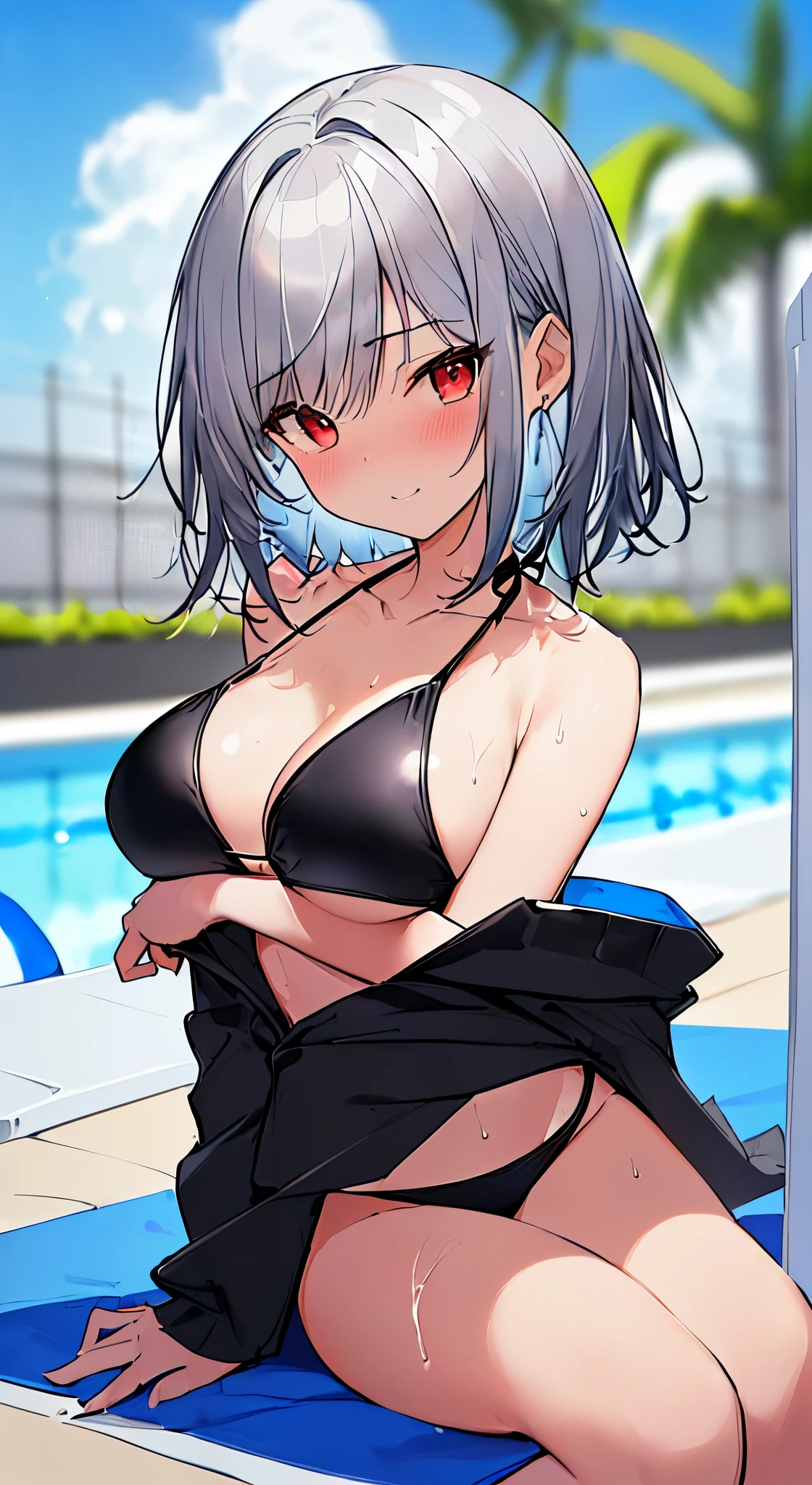 top-quality、masterpiece、(1 adult female:1.3)、(Soft bust:1.2)、natural boobs、cleavage of the breast、(to close range:1.2)、(Seated Pose)、slender、(Thin and simple black small bikini swimsuit:1.2)、(Medium short hair)、Silvery hair、(White highlights of the pupil:1.3)、Dark red eyes、(Look at viewers:1.2)、de pele branca、A slight smil、red blush、(Blue summer sky:1.3)、(Avoid the background around the upper body:1.3)、(Blur the background a lot to make the woman stand out:1.3)、(Beautiful background by the pool on the beach:1.3)、(Beautiful summer flowers)