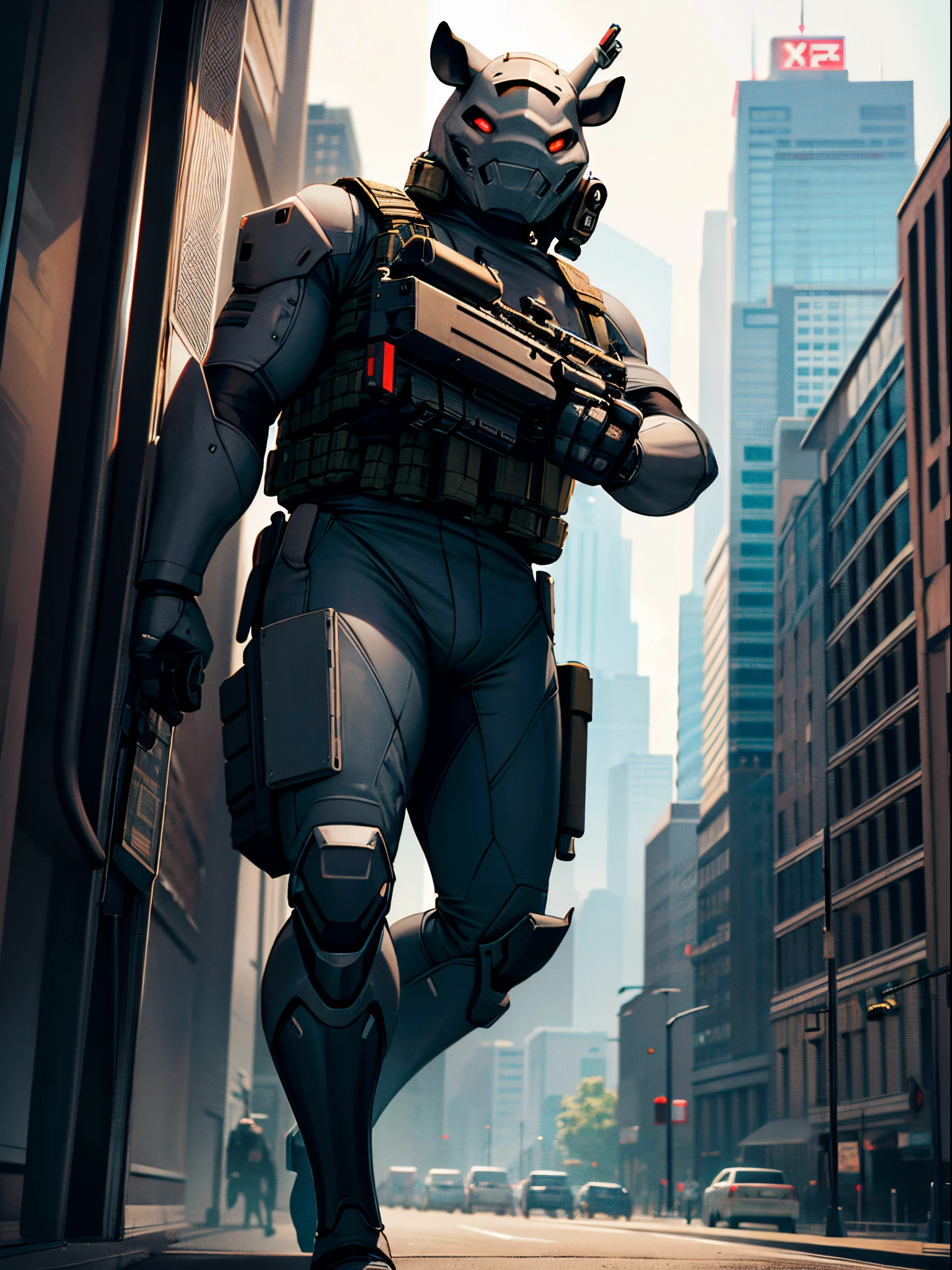 Solo, single, humanoid, rhino, rhino's head, armored suit, ammunition belt, holding a machine gun, holding a gun, standing, smug, combat boots, bank backdrop, bank robber, mutant