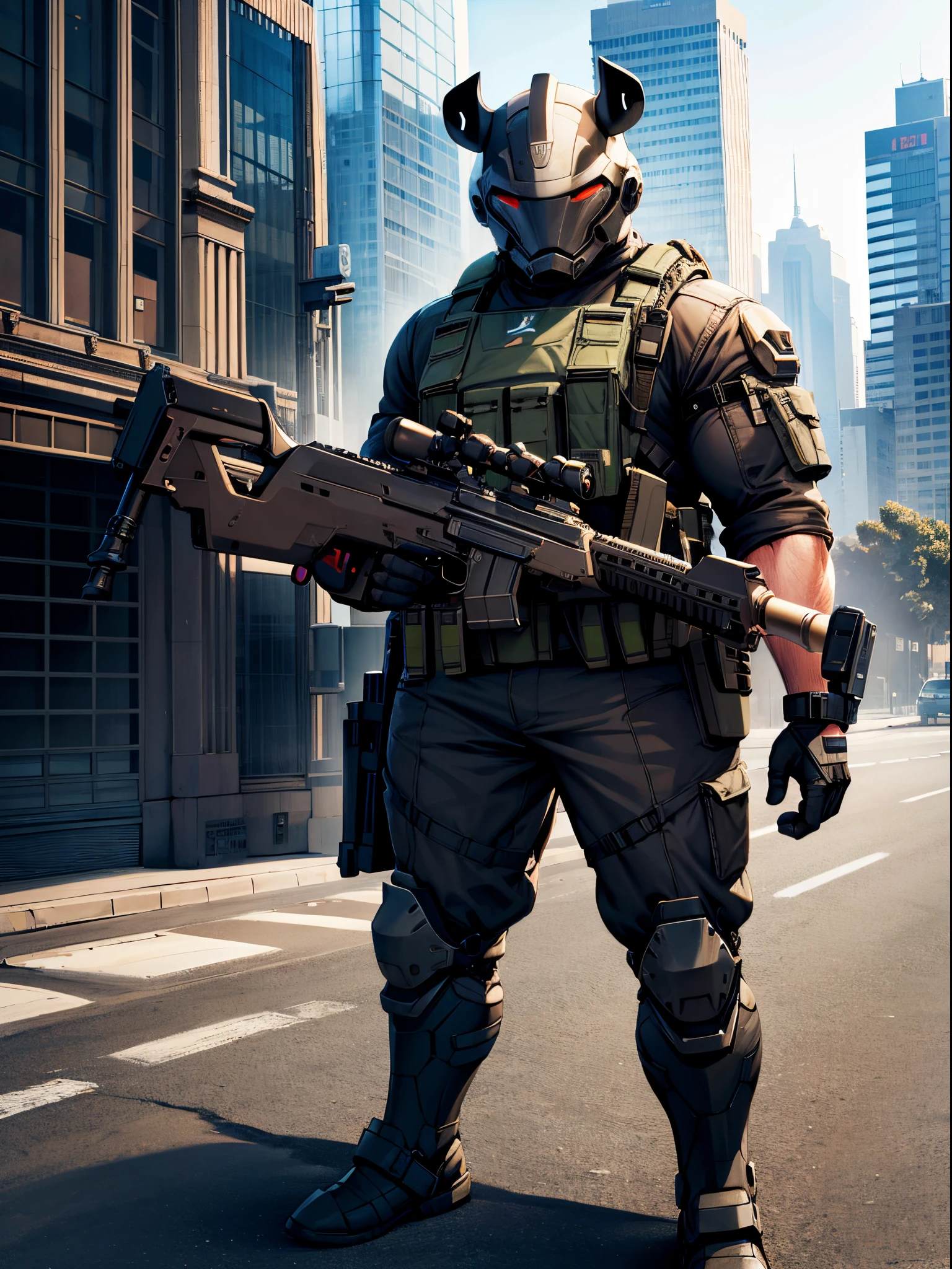 Solo, single, humanoid, rhino, rhino's head, armored suit, ammunition belt, holding a machine gun, holding a gun, standing, smug, combat boots, bank backdrop, bank robber, mutant