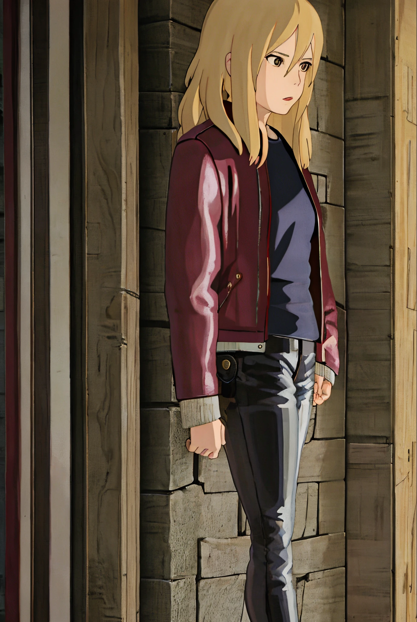 ghibli style rosetyler 1girl blonde hair leather jacket