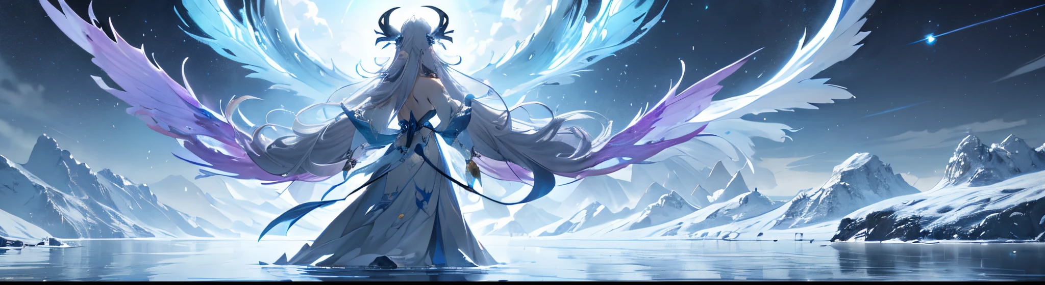 anime girl with wings standing in water with mountains in background, white haired deity, onmyoji detailed art, by Yang J, anime fantasy illustration, anime fantasy artwork, 2. 5 d cgi anime fantasy artwork, fantasy art style, fanart best artstation, ice sorceress, trending on artstation pixiv, epic fantasy art style, flowing white robes