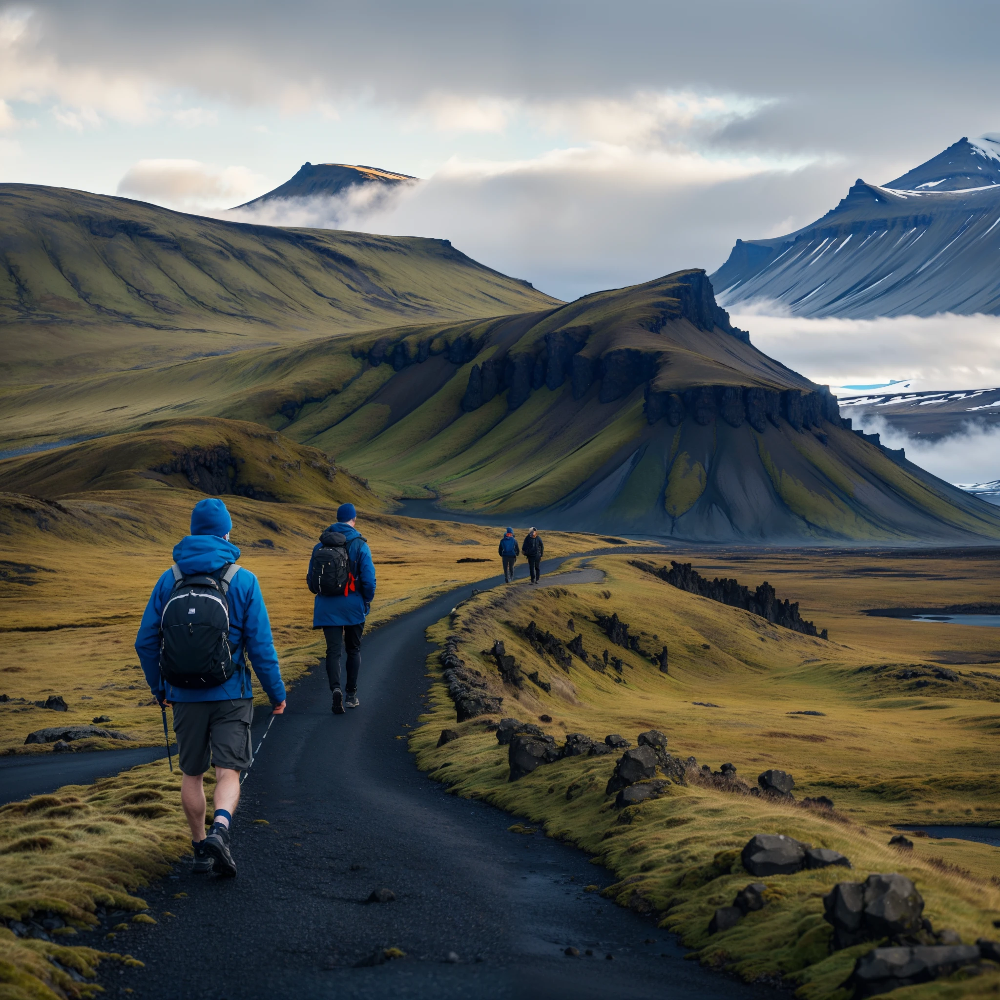 The mountains are cloudy,Two people walking on the path, Icelandic hills in the background, iceland photography, Unsplash Contest Winning Photos, an icelandic landscape, iceland landscape photography, by Sebastian Spren, an icelandic landscape, an icelandic landscape, iceland, Icelandic landscape science fiction, author:Johannes Voss, author:Hallsteinn Sigurðsson