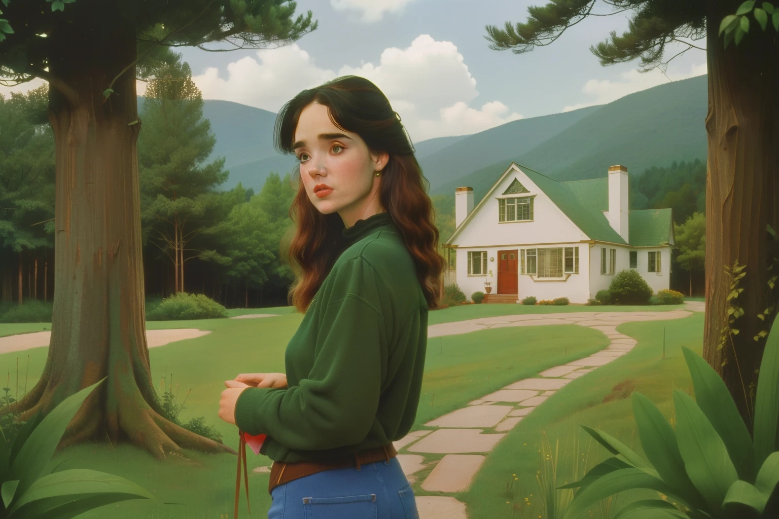 1995, Berkshire, Massachusetts. Pre-raphaelite ((((40-year-old)) Jennifer Connelly)), back view, looking at a house, surrounded by a forest, ((happy)), ((((casual Clothing from the 1990s)))) ((Hairstyle of the 1990s)), ((Wes Anderson cinematic style)), colorful