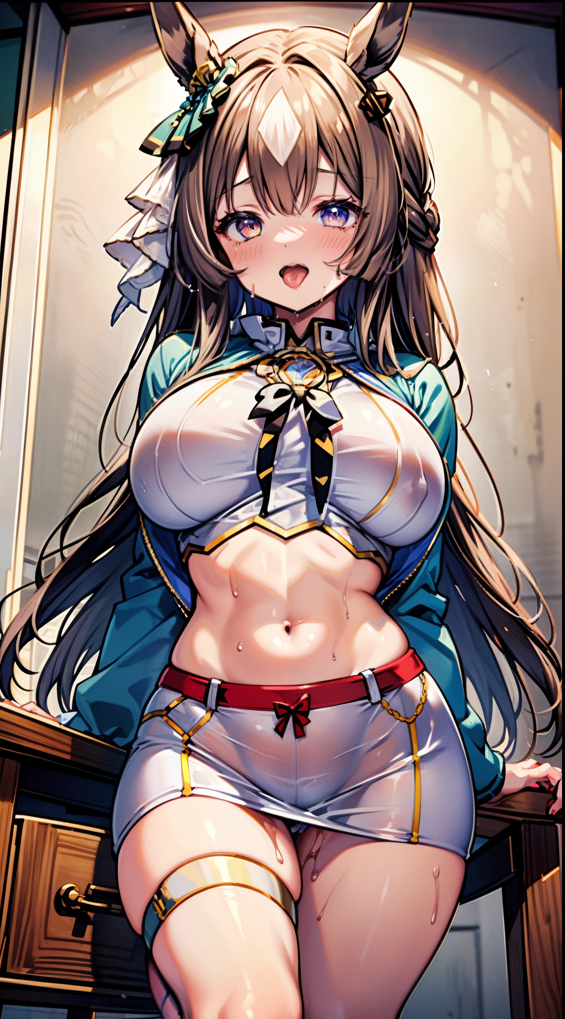 Uma Musume、satono diamond、Idol、huge tit、爆乳、Voluptuous body、abdominals、Show your stomach、Heart in the eye、Ahegao, big butts、excited、White sigh、Superior Quality, NSFW, Her cheeks flushed, in a school、open open mouth, Tongue sticking out,  perspiring , Ultra high definition, max resolution, Very detailed, pretty skin,  teats , Legs wide open, Wet clothes, Wet body,  Embarrassing, crotch shows through,  Open pubic area,  Vaginal discharge,  White liquid,