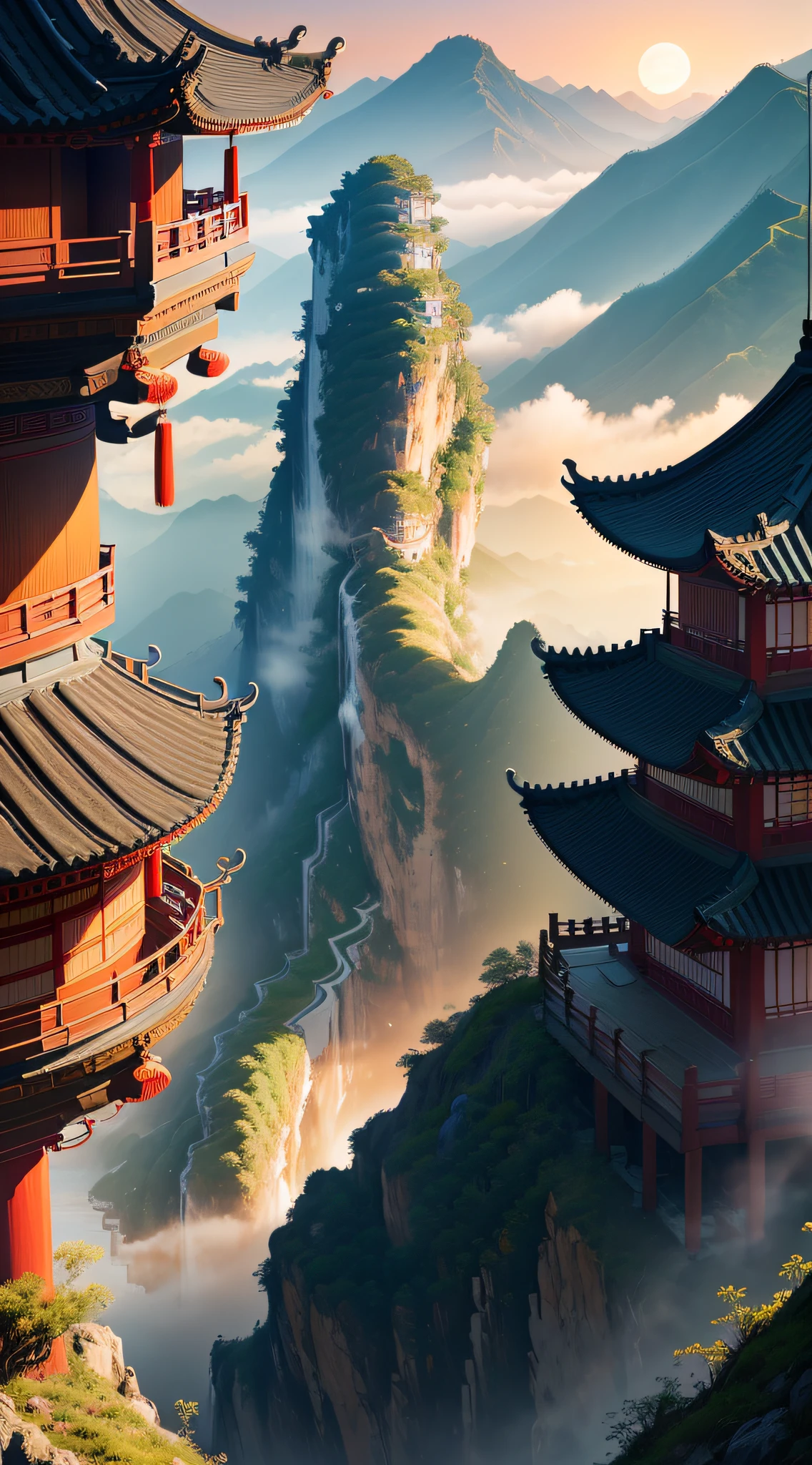 ((Top view, High angle view, Focus composition)), sunset gradient, moonlit night, halo, beautiful light, beautiful shadow, lighting effects, autumn, ancient Chinese architecture, many traditional Chinese buildings on floating islands, where there are many staggered buildings on the high mountains, vast sea of clouds, spectacular waterfalls, high mountains, starry sky, pastel colors, refreshing, beautiful, Chinese landscape painting, cinematic light, high detail, (close-up), (chiaroscuro), fine facial detail, cinematic light, (depth of field), UHD, --v6