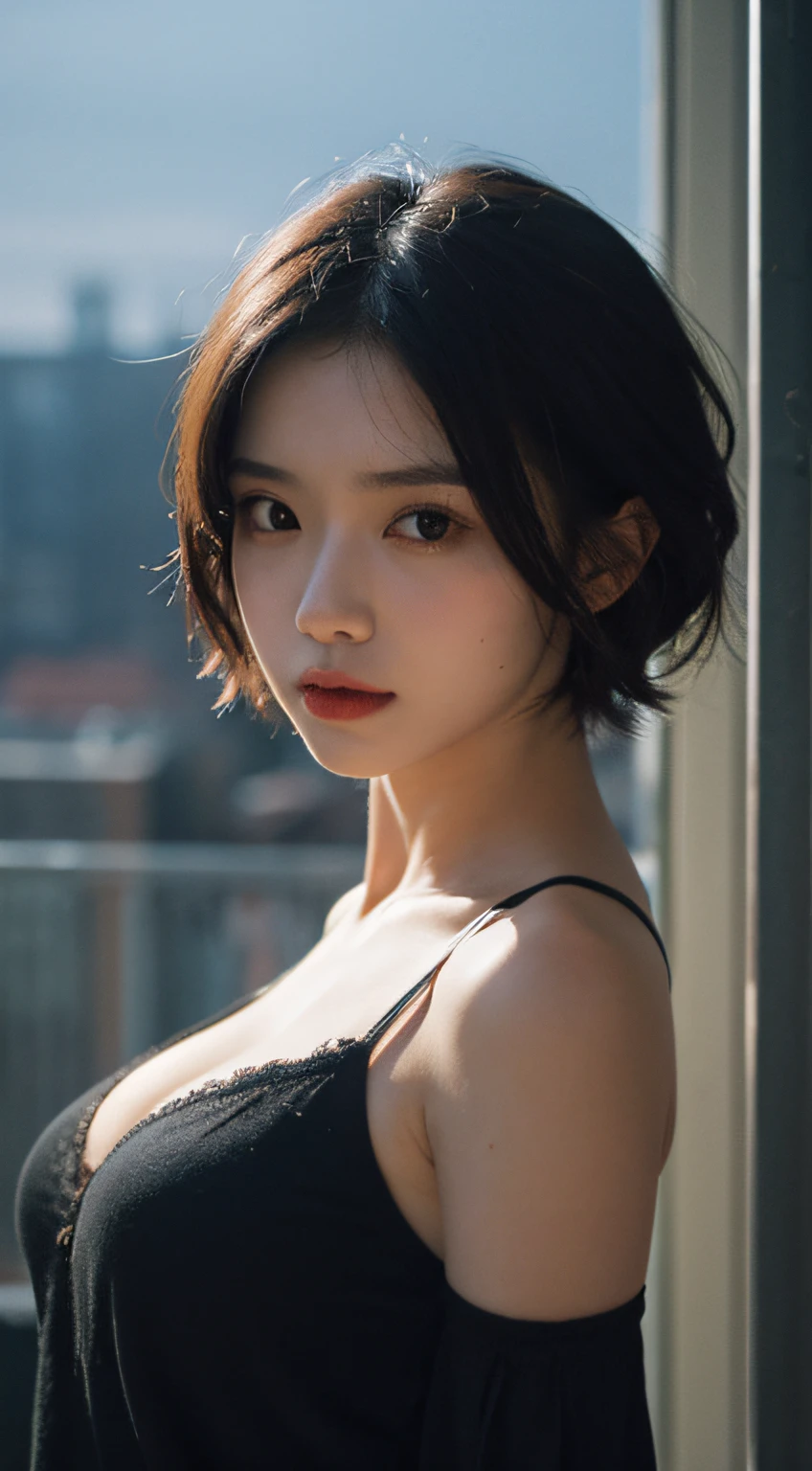 best qualtiy, tmasterpiece, 超A high resolution, (realisticlying:1.5), RAW photogr, 1girll, shoulder, in the darkness nigth, Deep shading, low tune, cold light, Sexy look, short detailed hair,((best qualtiy,8K,tmasterpiece:1.3))),Clear focus:1.2,(layers-Cut,The large:1.2),Beautiful Women in Perfect Figure:1.4,Moist Body:1.5,Highly detailed face and skin textures,Detailed eyes,二重まぶた,