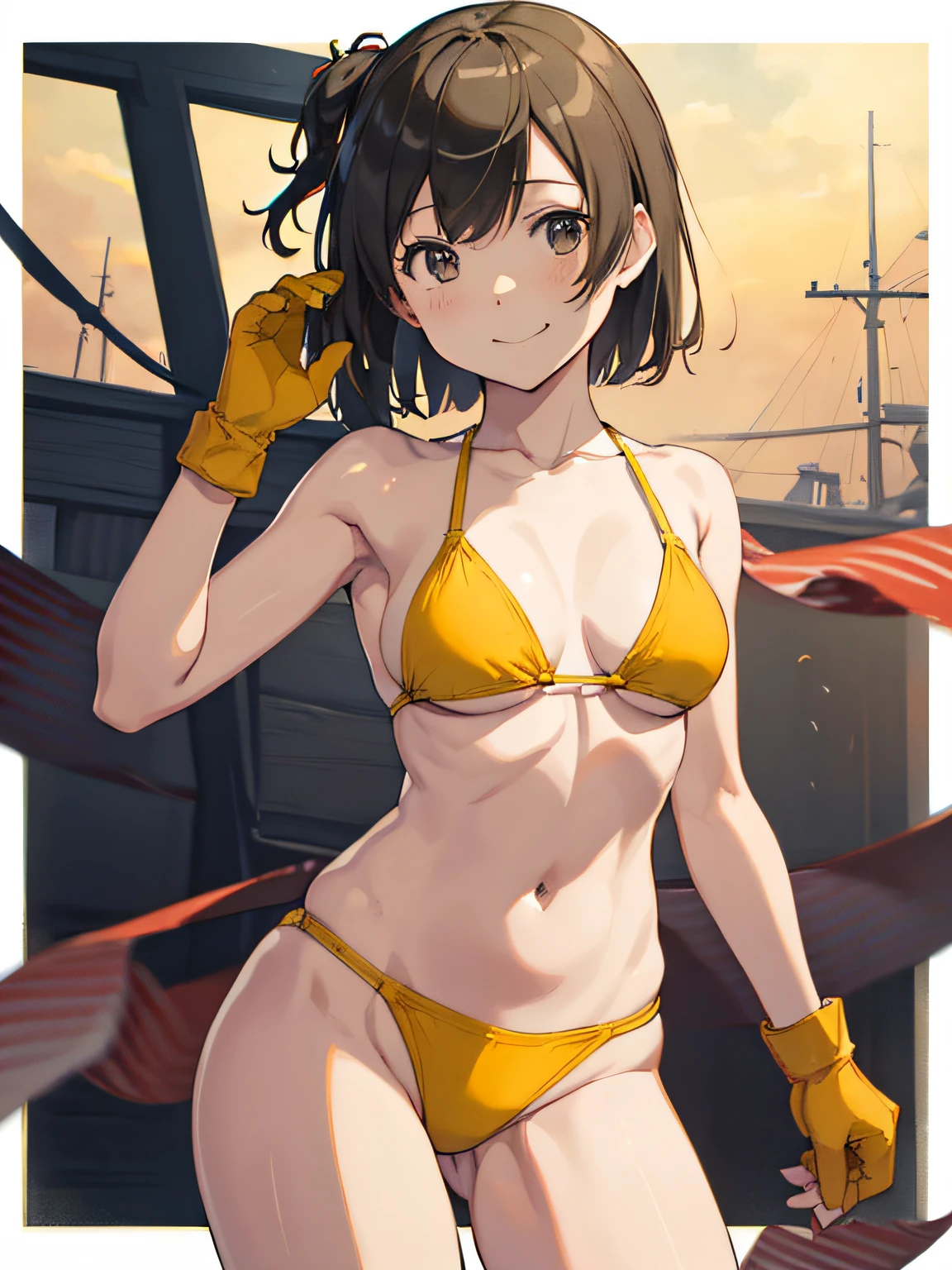 (masutepiece, Best Quality:1.2), Cowboy Shot, Solo, 1girl in, Hiryū, Smile, Looking at Viewer, Yellow Bikini、One side up, , partially fingerless gloves、The background is professional wrestling、Facing the front