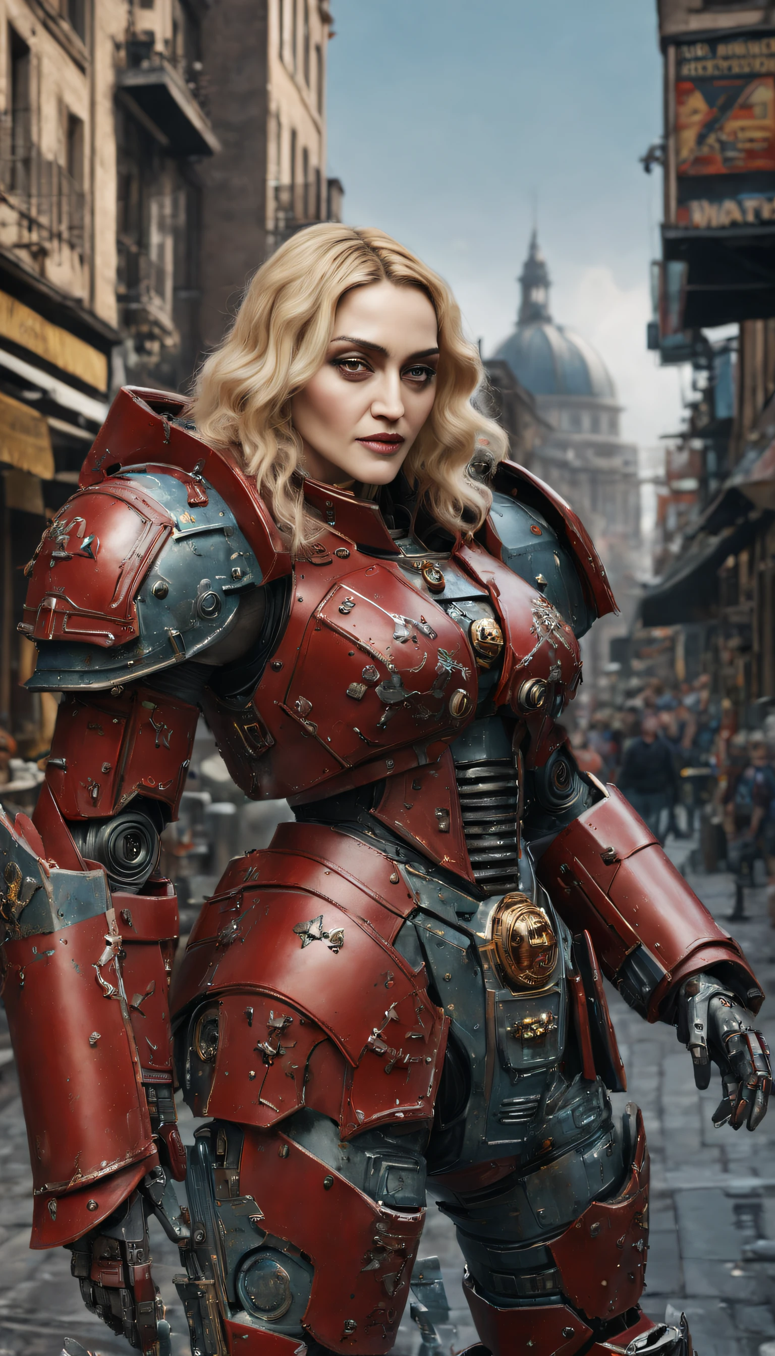 25-year-old singer Madonna plays highly realistic Marine Astartes, in the colors of your giant power mecha： red colour, ultra-realistic realism, Best quality at best, (warhammer40k)，ssmile,Realistic metal armor,Shiny metal armor,which stands on the street. (Best quality at best,4K,8K,A high resolution,tmasterpiece:1.2),(actual,realisticlying,Photorealistic:1.37)