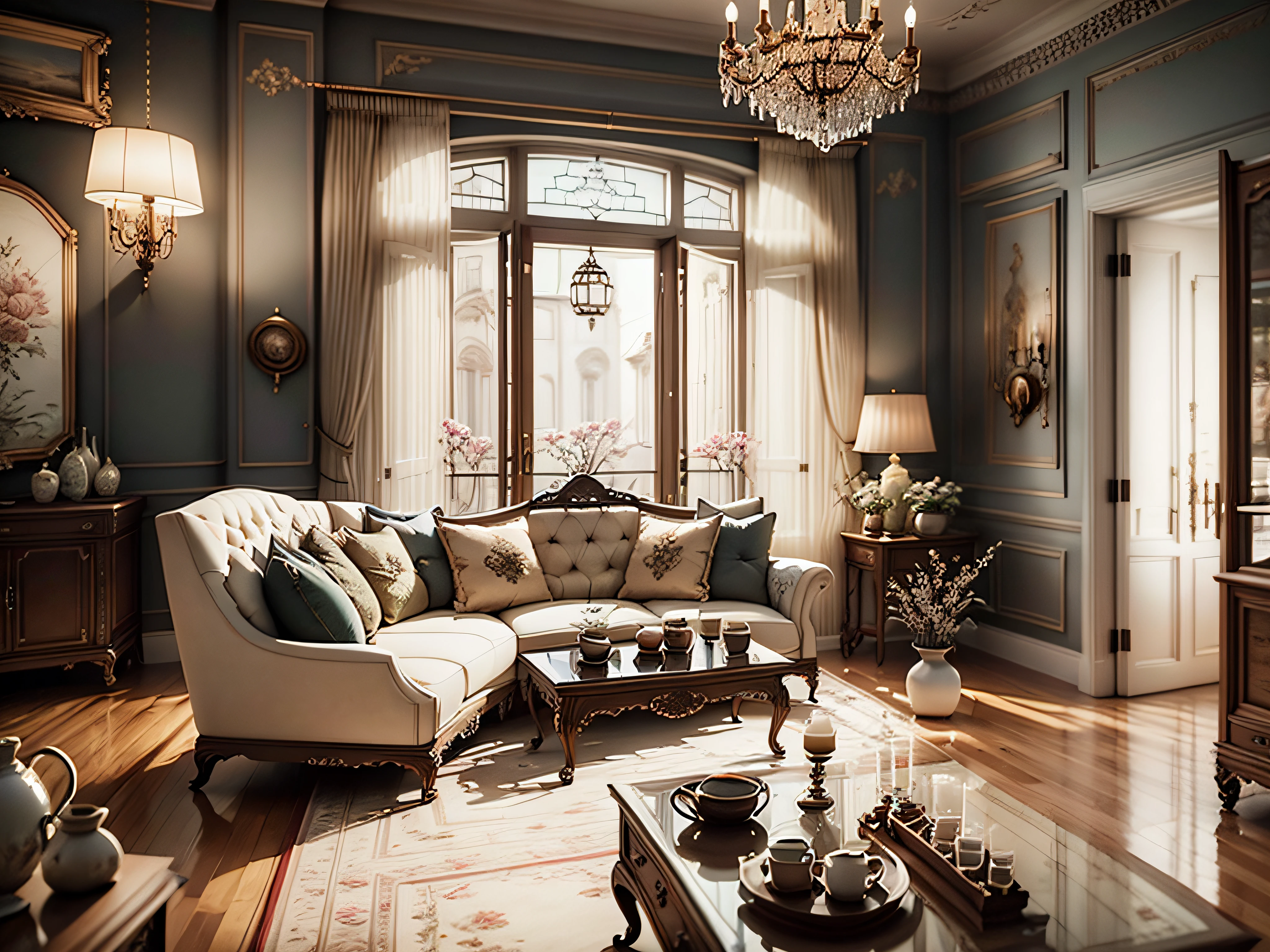 INTERIOR DESIGN, Living room plan, European-style décor, 3D Rendering, Convenient interior lighting, superdetail, films, Furniture and windows in the evening, 8K