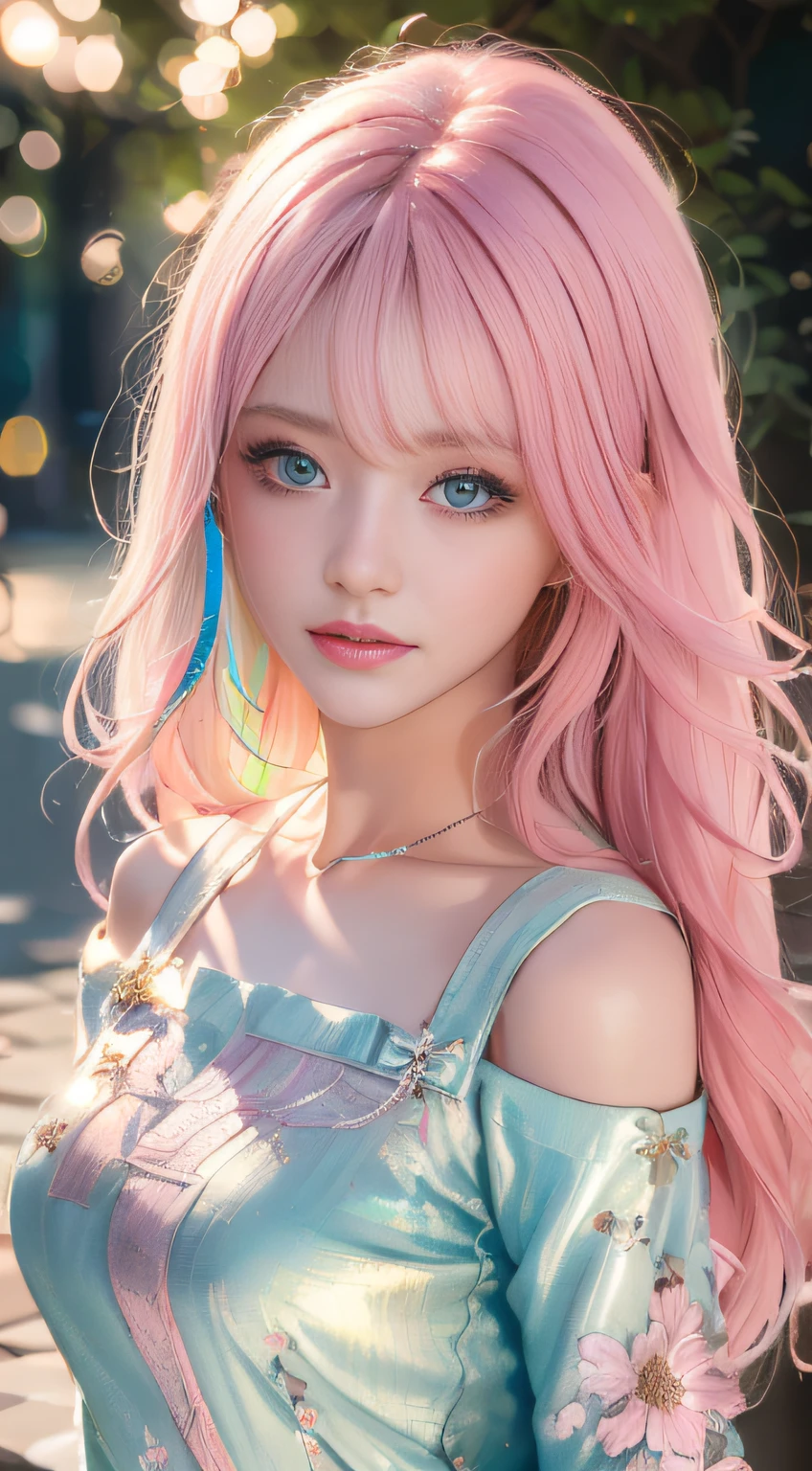 best qualtiy,tmasterpiece,hight resolution,1girll,dingdall effect,realisticlying,edge lit,two tone lighting,(highdetailskin:1.2),8K UHD,pure,Dolce,flowers background,Colorful background,Based on physical rendering,Perfect Light and Shadow,extreme hight detail,Pink tones,eye reflections,Raised sexy,perfect bodies,Superb Beauty,largeeyes,long eyelasher,Delicate eyes,big shiny eyes,Small pupil reflex,Shoulder and neck details,The texture of the pupil is delicate,Perfect eyes,black pupils,best qualtiy,A pink-haired、tmasterpiece,16 K,a picture,head portrait,Bigchest,long-sleeve,Take care of your chest,Large breasts,Delicate avatars