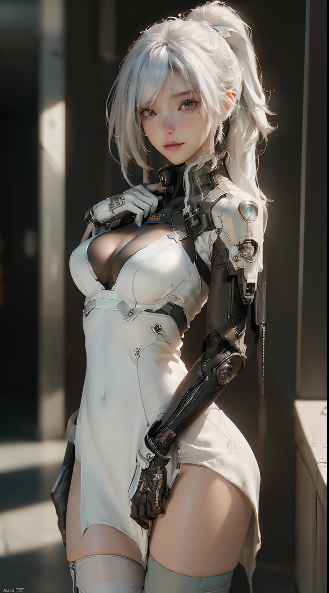 (Best Quality), ((Masterpiece), (Detail: 1.4), 3D, A Beautiful Cyberpunk Woman, HDR (High Dynamic Range), Ray Tracing, NVIDIA RTX, Super-Resolution, Unreal 5, Subsurface Scattering, PBR Textures, Post-Processing, Anisotropic Filtering, Depth of Field, Maximum Sharpness and Clarity, Multi-layer Textures, Albedo and Highlight Maps, Surface Shading, Accurate simulation of light-material interactions, perfect proportions, Octane Render, two-color light, large aperture, low ISO, white balance, rule of thirds, 8K RAW, stockings, large breasts