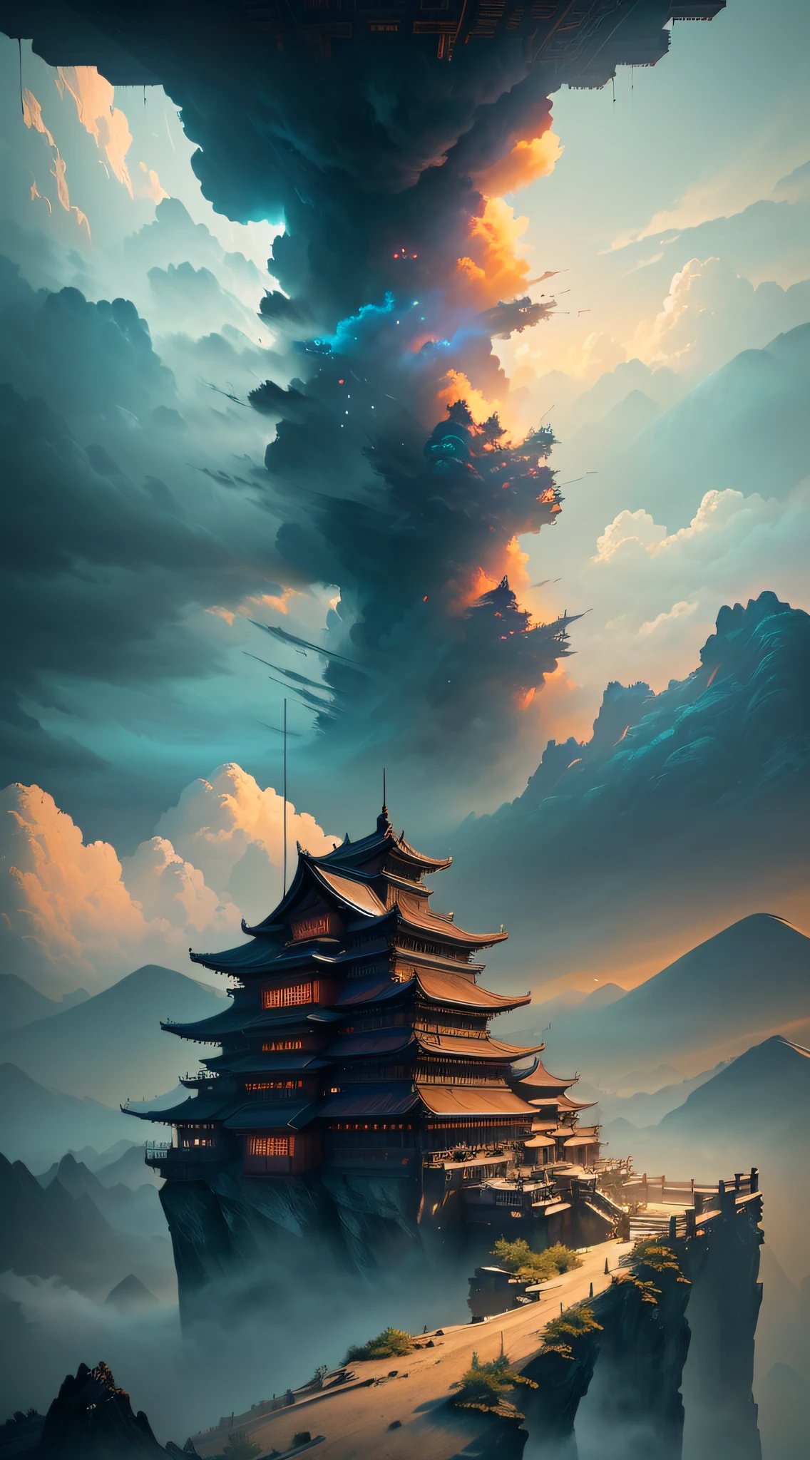 Chinese loft landscape under a sea of clouds, ink, monotonous colors, cool tones, martial arts movie story style, highly detailed, dynamic, epic, realistic lighting and shadows, inspired by Jin Yong, vibrant, 8k, Octane rendering, Unreal Engine, very detailed, realistic, Cry engine, masterpiece, best quality, --v 6