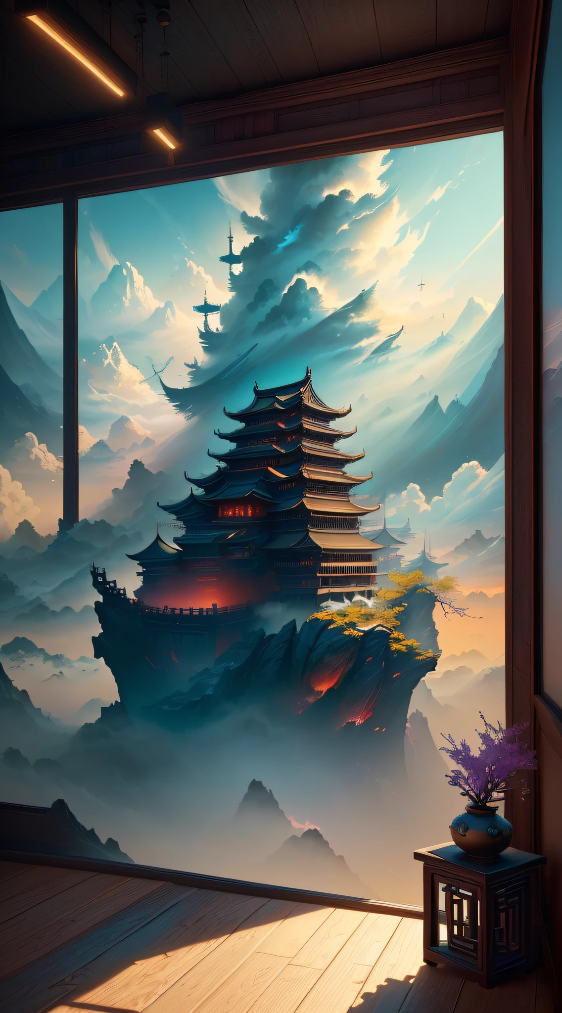 Chinese loft landscape under a sea of clouds, ink, monotonous colors, cool tones, martial arts movie story style, highly detailed, dynamic, epic, realistic lighting and shadows, inspired by Jin Yong, vibrant, 8k, Octane rendering, Unreal Engine, very detailed, realistic, Cry engine, masterpiece, best quality, --v 6