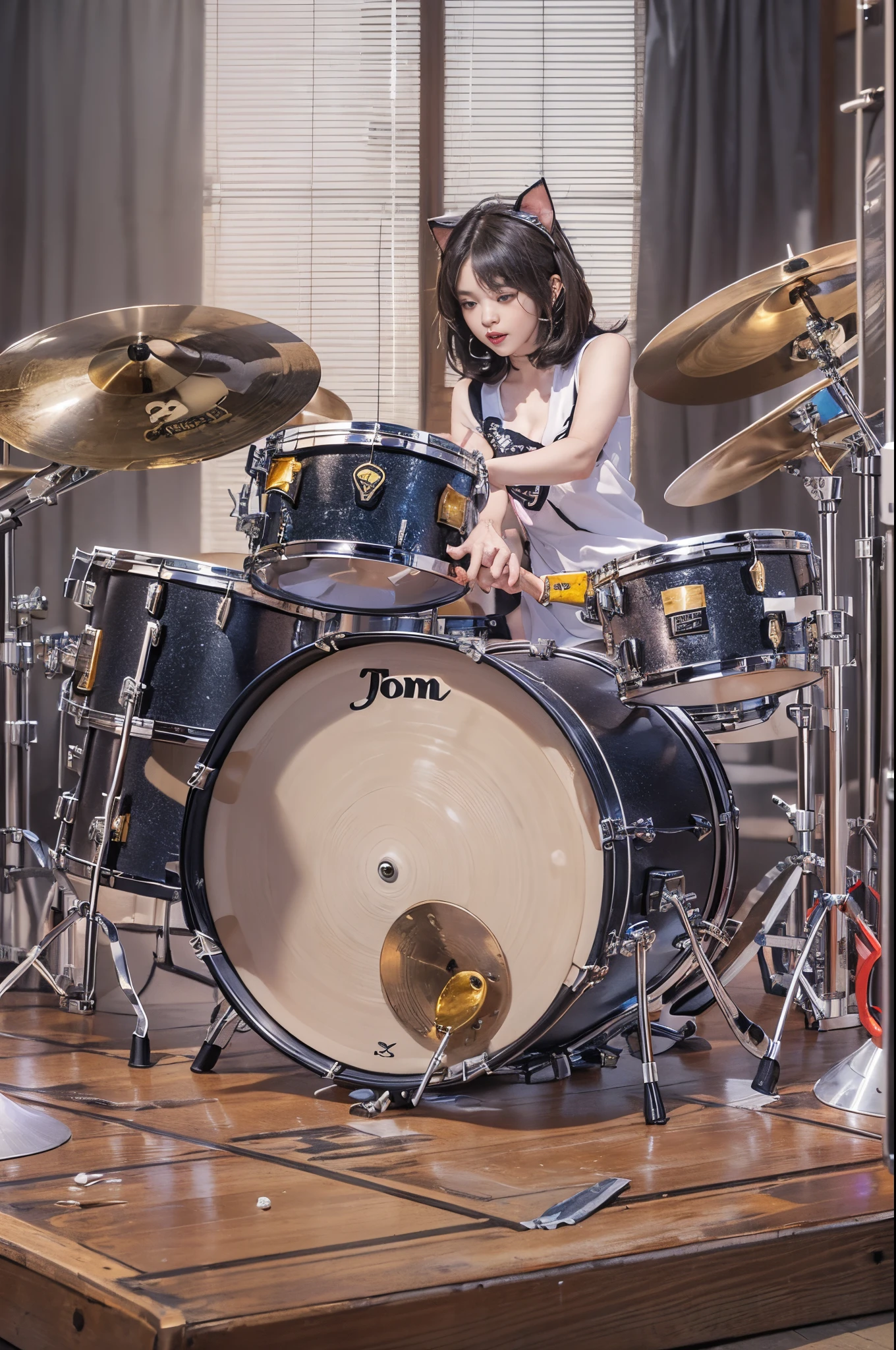 woman doing live performance、brunette disheveled hair、Detailed drum set:1.2、((Consists of bass drum, Floor tom, snare drum, tom tom, hi-hat cymbal, Ride Cymbals, and crash cymbal.))、(Pearl Drum Set)、((Pair drum set SSC925S:1.2))、Cat's ears