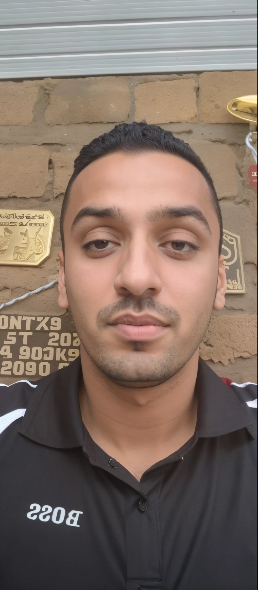 Criar estilo pixar, homem arafiado de camisa preta em frente a uma parede com uma placa, em torno de 1 9 anos, Mohamed Chahin, Amr Elshamy, Ahmad Merheb, Atef, Mohamed Reda, Alex, Emad Mostaque, Riyahd Cassiem, Sam Nassour, tiradas no final dos anos 2000