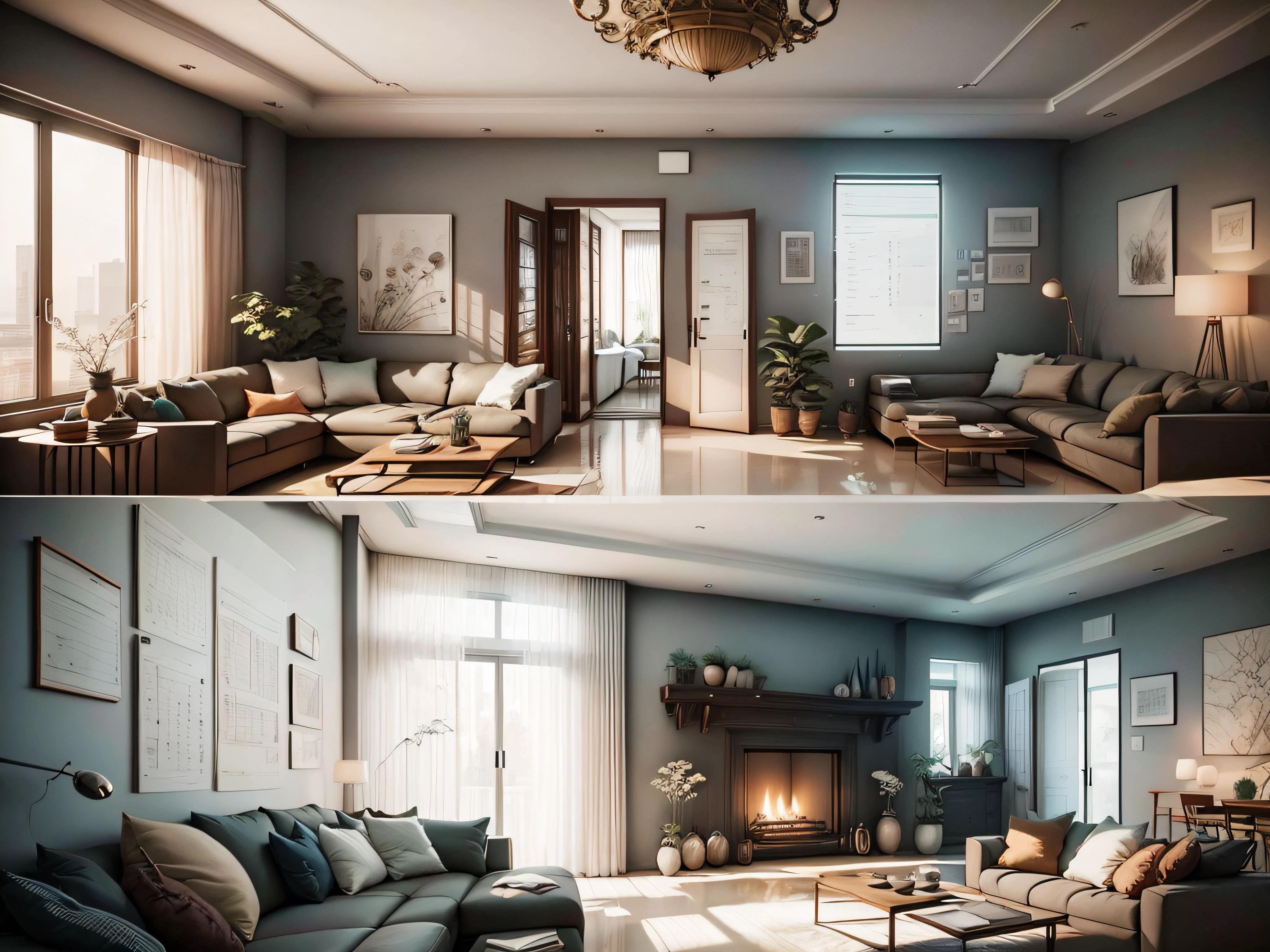 INTERIOR DESIGN, Living room plan, Contemporary décor, 3D Rendering, Convenient interior lighting, superdetail, films, Furniture and windows in the evening, 8K