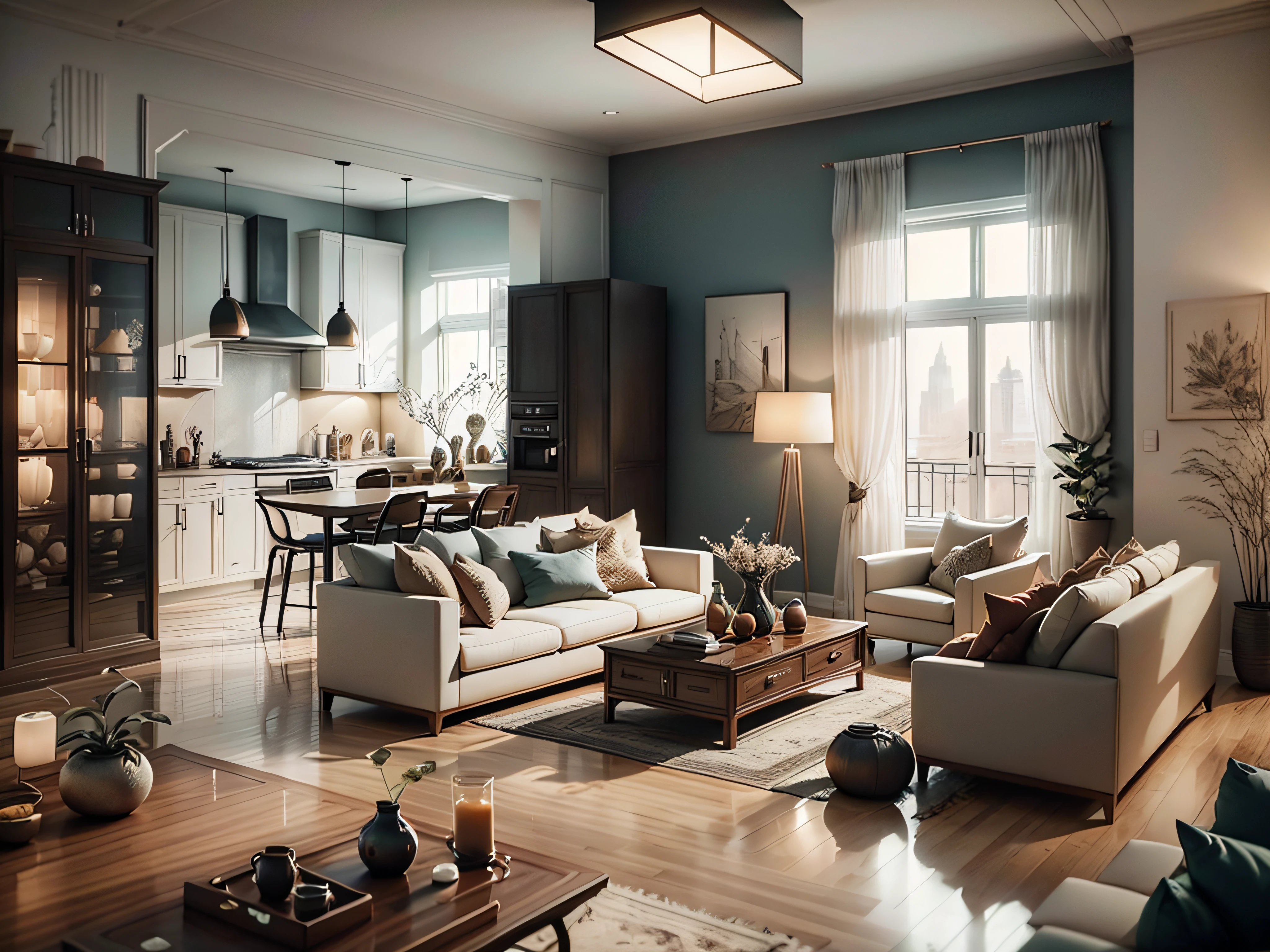 INTERIOR DESIGN, Living room plan, Contemporary décor, 3D Rendering, Convenient interior lighting, superdetail, films, Furniture and windows in the evening, 8K