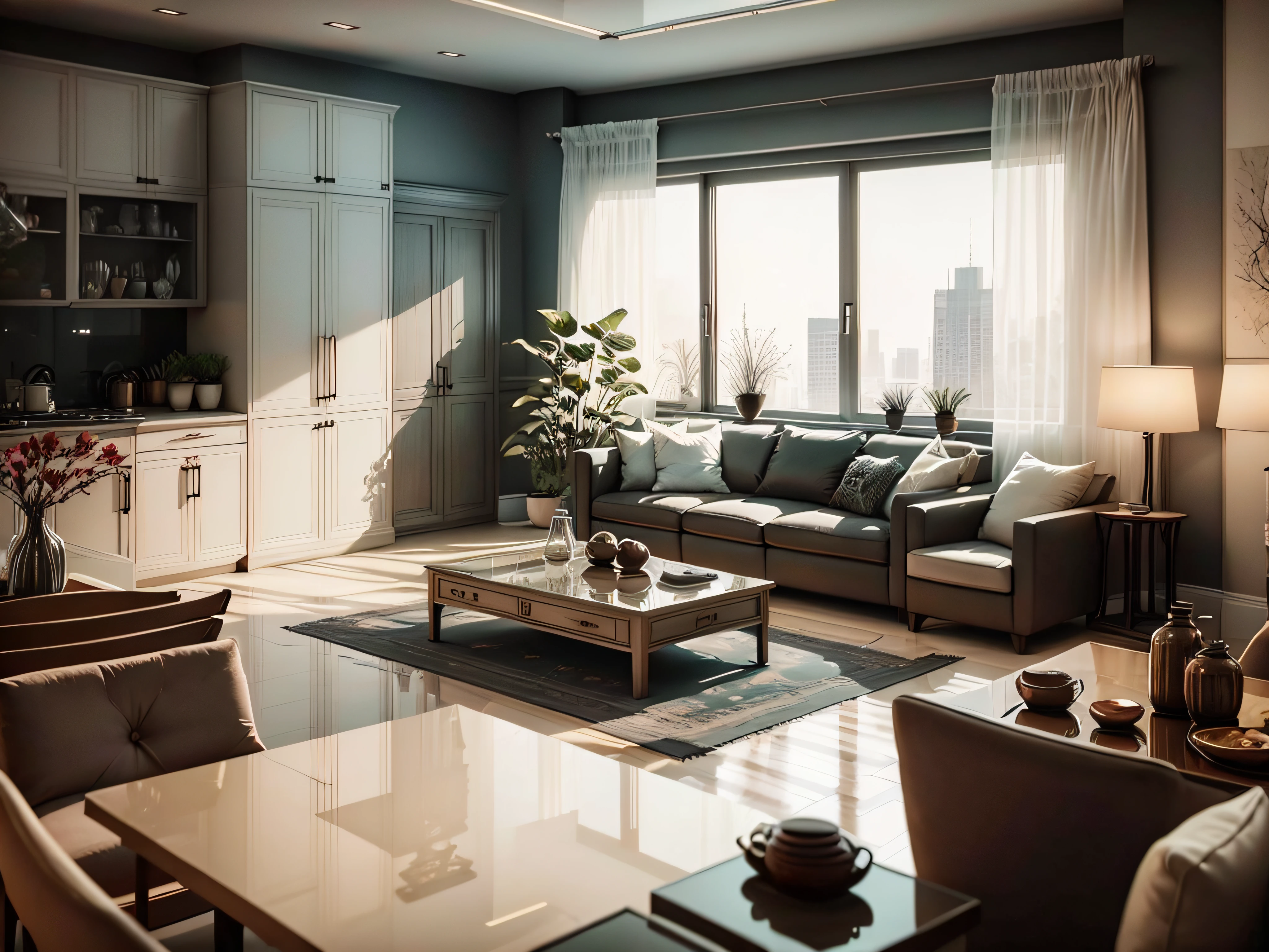 INTERIOR DESIGN, Living room plan, Contemporary décor, 3D Rendering, Convenient interior lighting, superdetail, films, Furniture and windows in the evening, 8K