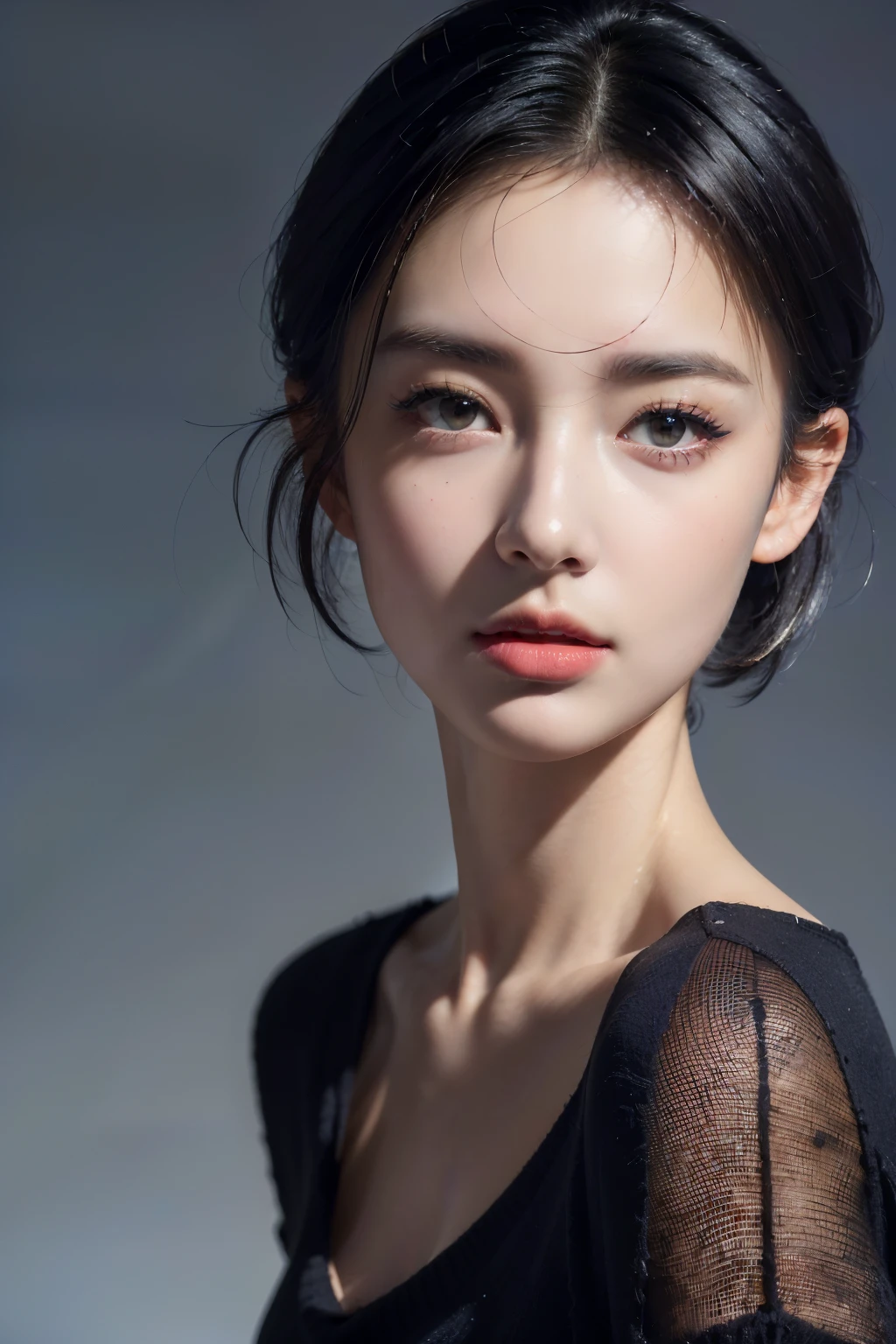 (masterpiece:1.3), (8k, photorealistic, RAW photo, best quality: 1.4), (1girl), beautiful face, (realistic face), (black hair, short hair:1.3), beautiful hairstyle, realistic eyes, beautiful detailed eyes, (realistic skin), beautiful skin, (navy blue sweater), absurdres, attractive, ultra high res, ultra realistic, highly detailed, golden ratio, dark, rim lighting