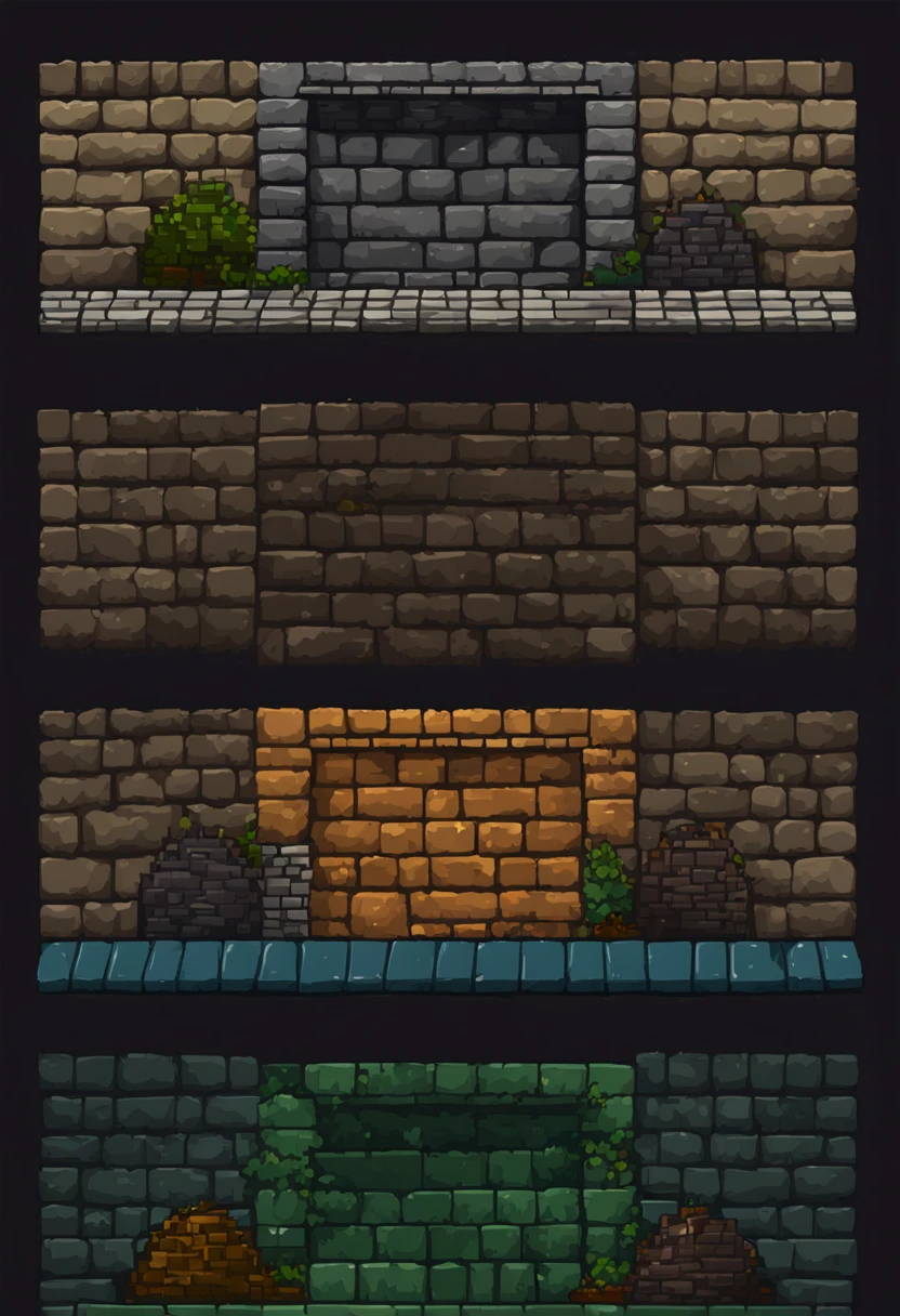 a survival roleplay-game stone and bricks dungeon wall multiple texture spritesheet, pop-art-and-cartoon-style themed, 2d side scroller game, front view, pixel art , hq