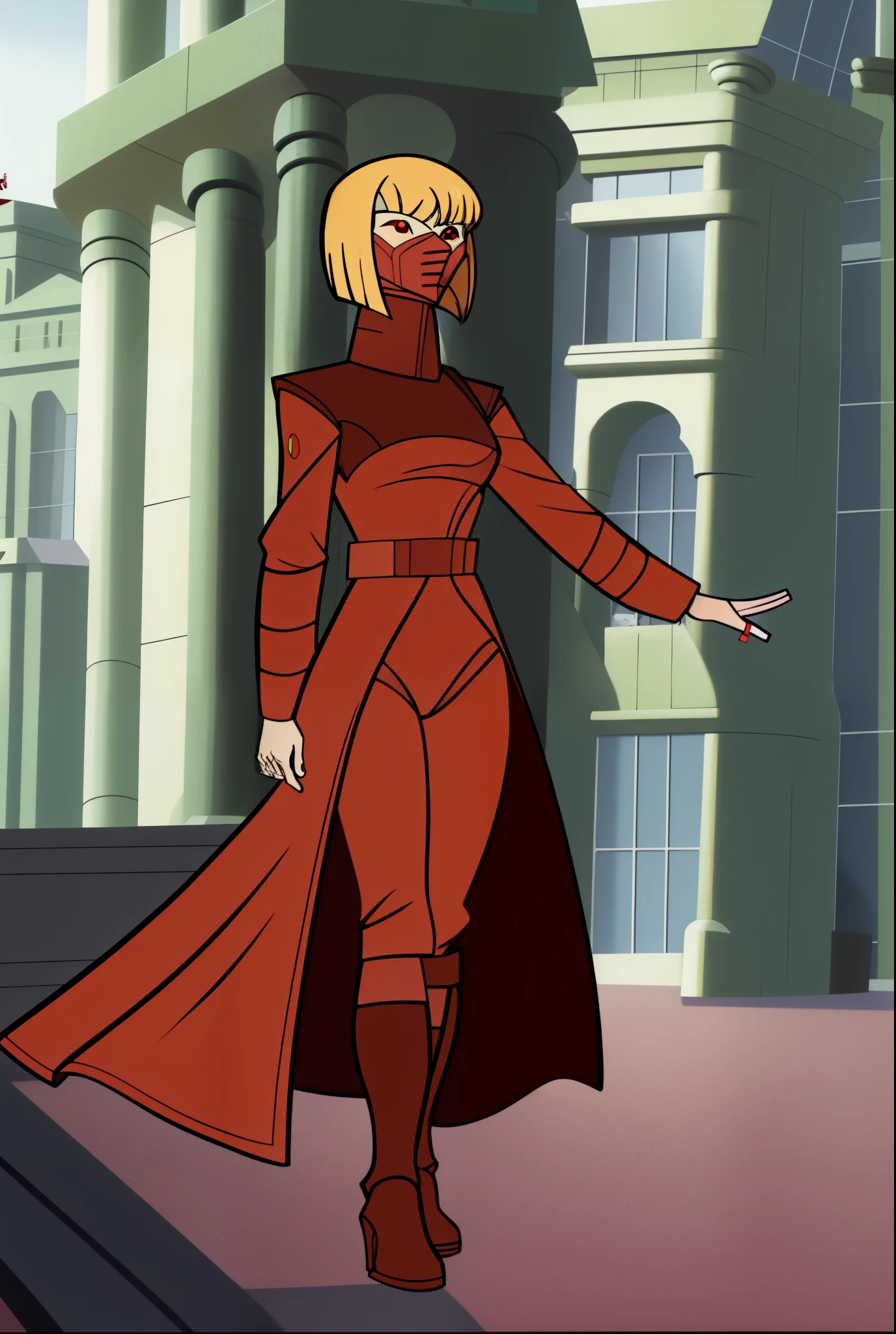 masterpiece, best quality,tcw2003 1girl, solo, short hair, blonde hair, red eyes, mask, red coat, coat, belt, red pants, high heel boots
