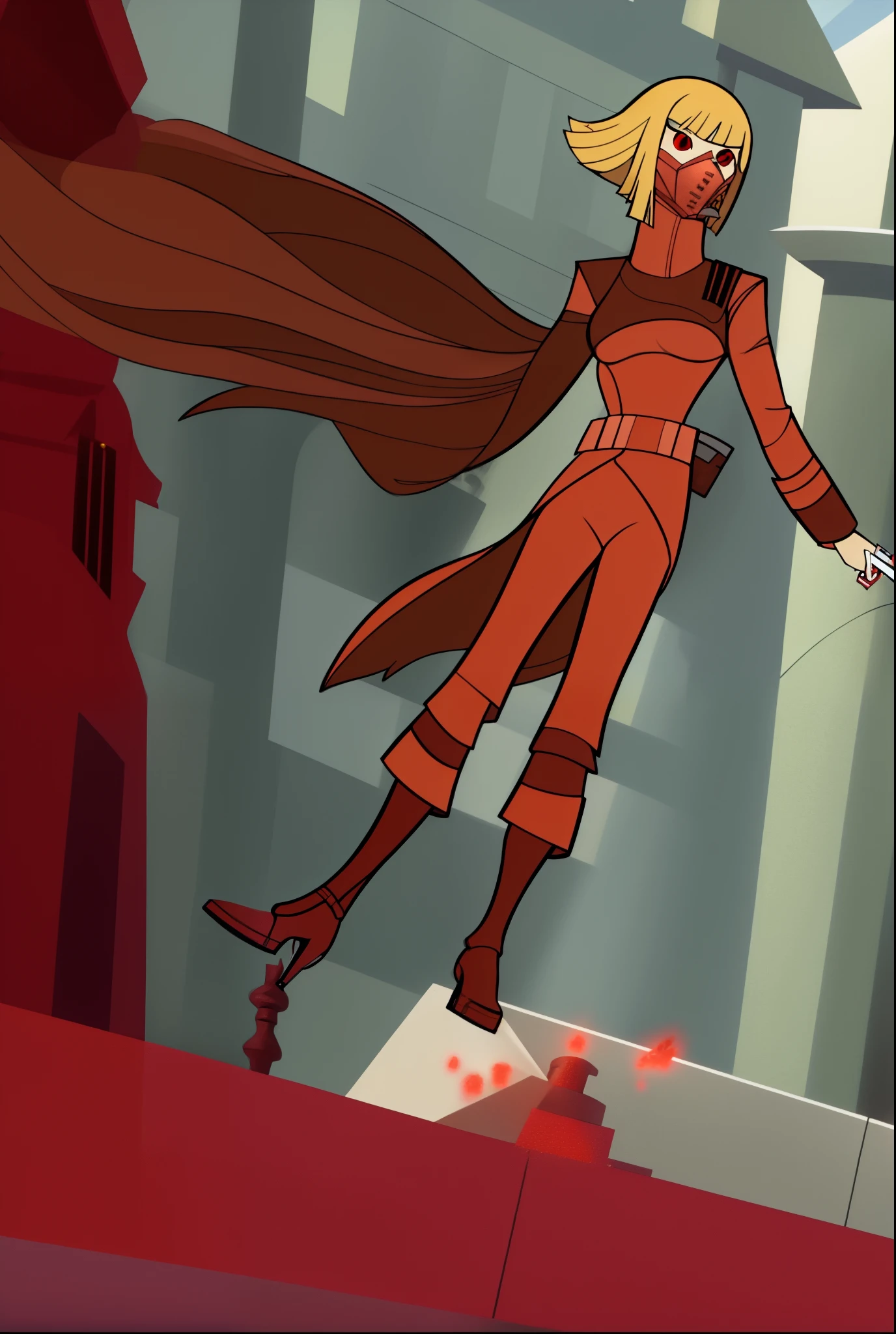 masterpiece, best quality,tcw2003 1girl, solo, short hair, blonde hair, red eyes, mask, red coat, coat, belt, red pants, high heel boots