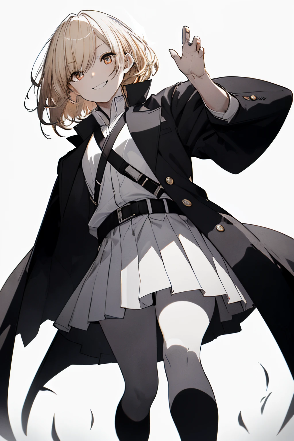 (Super Sexy Pose:1.2), (from below looking up:1.2), Full body, White one-piece military uniform, Jet black head of hair,(masutepiece:1.2, Best Quality), (finely detailed beautiful eye: 1.2), (beautifull detailed face), High contrast, (Best Illumination, extremely delicate and beautiful), ((Cinematic Light)), Dramatic light, Intricate details,dark orange eyes, Shining eyes,Short stature, Smaller chest、Belt under the chest、White military uniform, White skirt,blonde hair, Black tie, (Pale white background:1.5), Wolf cut hair, accurate hands, Look at me and smile, ruddy skin