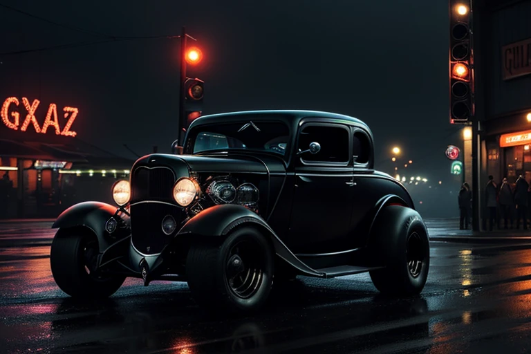 Old and grunge BLACK 1932 Ford Hot Rod on rainy night with hazy neon lights in the background