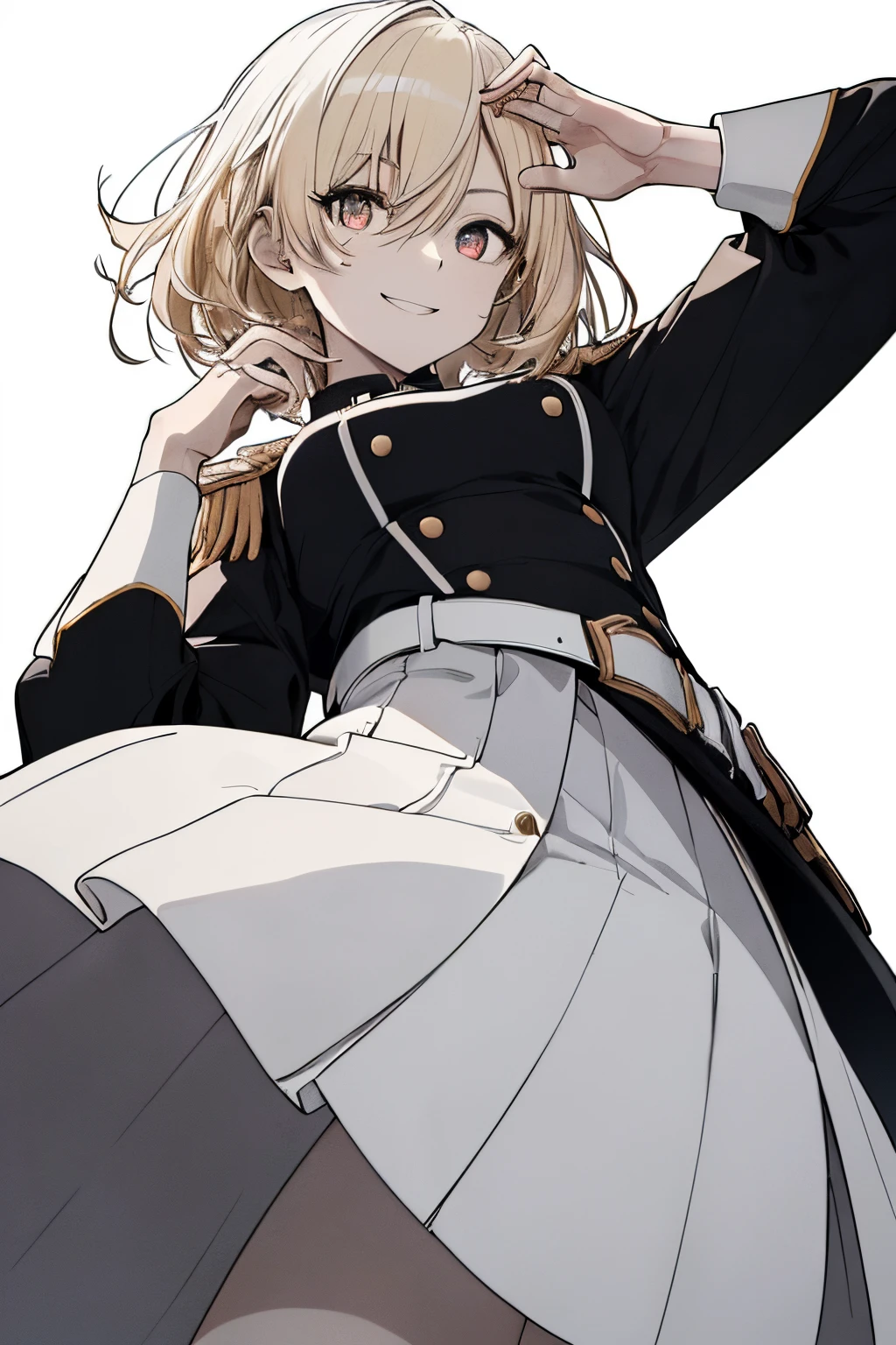 (Super Sexy Pose:1.2), (from below looking up:1.2), Full body, White one-piece military uniform, Jet black head of hair,(masutepiece:1.2, Best Quality), (finely detailed beautiful eye: 1.2), (beautifull detailed face), High contrast, (Best Illumination, extremely delicate and beautiful), ((Cinematic Light)), Dramatic light, Intricate details,dark orange eyes, Shining eyes,Short stature, Smaller chest、Belt under the chest、White military uniform, White skirt,blonde hair, Black tie, (Pale white background:1.5), Wolf cut hair, accurate hands, Look at me and smile, ruddy skin