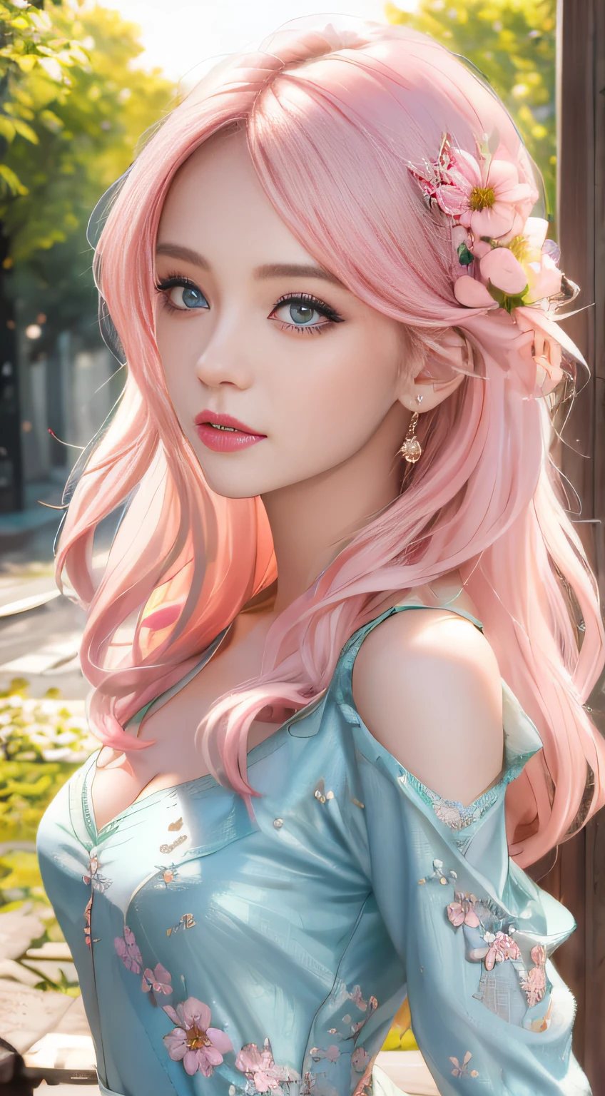 best qualtiy,tmasterpiece,hight resolution,1girll,dingdall effect,realisticlying,edge lit,two tone lighting,(highdetailskin:1.2),8K UHD,pure,Dolce,flowers background,Colorful background,Based on physical rendering,Perfect Light and Shadow,extreme hight detail,Pink tones,eye reflections,Raised sexy,perfect bodies,Superb Beauty,largeeyes,long eyelasher,Delicate eyes,big shiny eyes,Small pupil reflex,Shoulder and neck details,The texture of the pupil is delicate,Perfect eyes,black pupils,best qualtiy,A pink-haired、tmasterpiece,16 K,a picture,head portrait,Bigchest,long-sleeve,Take care of your chest,Large breasts,Delicate avatars