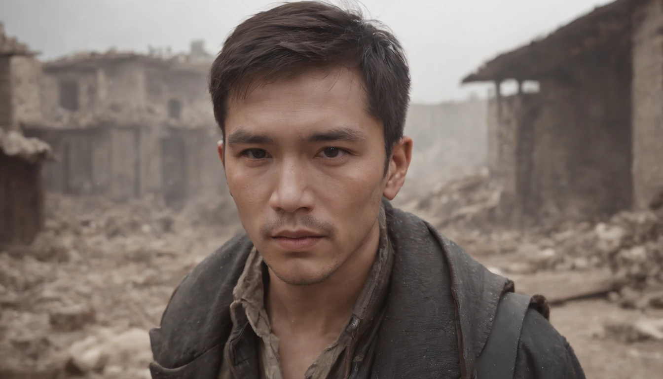 (Best quality at best,4K,8K,A high resolution,tmasterpiece:1.2),ultra - detailed,(actual,realisticlying,Photorealistic:1.37),karo, urs, Crumbling town, Destroyed buildings, greybackground, middle-aged male survivor, 详细的脸, There are injuries on the face,Shoot from below, worn-out clothing, determined expression, rubble, smokes, Abandoned streets, desolated, post apocalyptic atmosphere, 废墟, relics of the past, Bittersweet memories, overcast day, dramatic lights, cinematic compositions