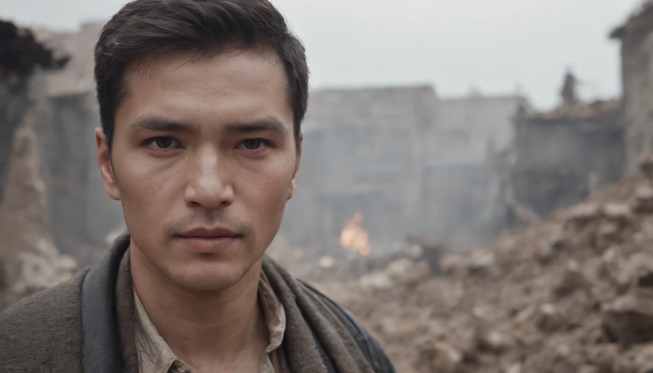(Best quality at best,4K,8K,A high resolution,tmasterpiece:1.2),ultra - detailed,(actual,realisticlying,Photorealistic:1.37),karo, urs, Crumbling town, Destroyed buildings, greybackground, middle-aged male survivor, 详细的脸, There are injuries on the face，Shoot from below, worn-out clothing, determined expression, rubble, smokes, Abandoned streets, desolated, post apocalyptic atmosphere, 废墟, relics of the past, Bittersweet memories, overcast day, dramatic lights, cinematic compositions