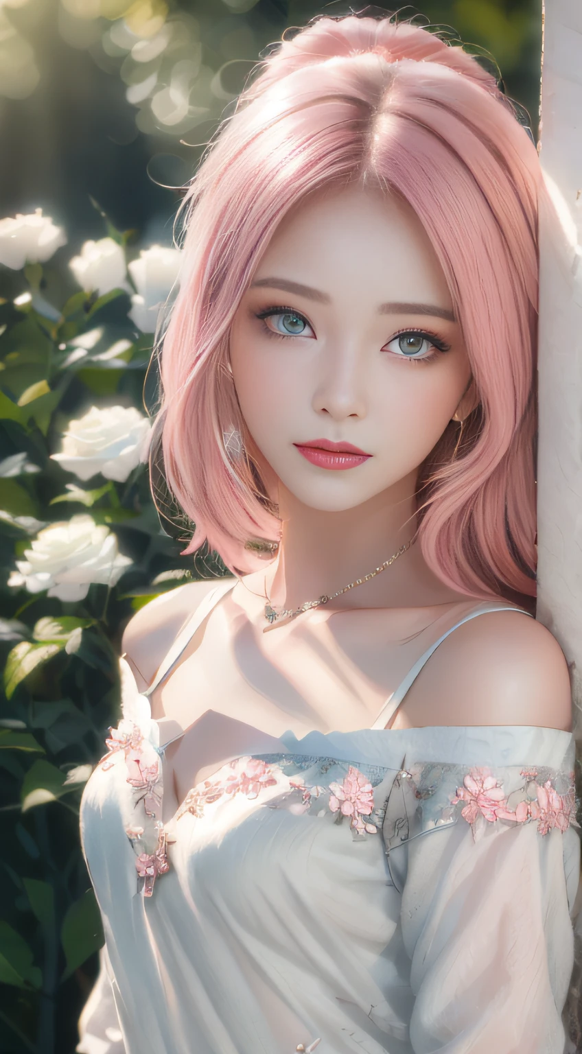 best qualtiy，tmasterpiece，hight resolution，1girll，dingdall effect，realisticlying，edge lit，two tone lighting，（highdetailskin：1.2），8K UHD，pure，Dolce，flowers background，Colorful background，Based on physical rendering，Perfect Light and Shadow，extreme hight detail，Pink tones，eye reflections，Raised sexy，perfect bodies，Superb Beauty，largeeyes，long eyelasher，Delicate eyes，big shiny eyes，Small pupil reflex，Shoulder and neck details，The texture of the pupil is delicate，Perfect eyes，black pupils，best qualtiy，A pink-haired、tmasterpiece，16 K，a picture，head portrait，Bigchest，long-sleeve，Take care of your chest，Large breasts，Delicate avatars