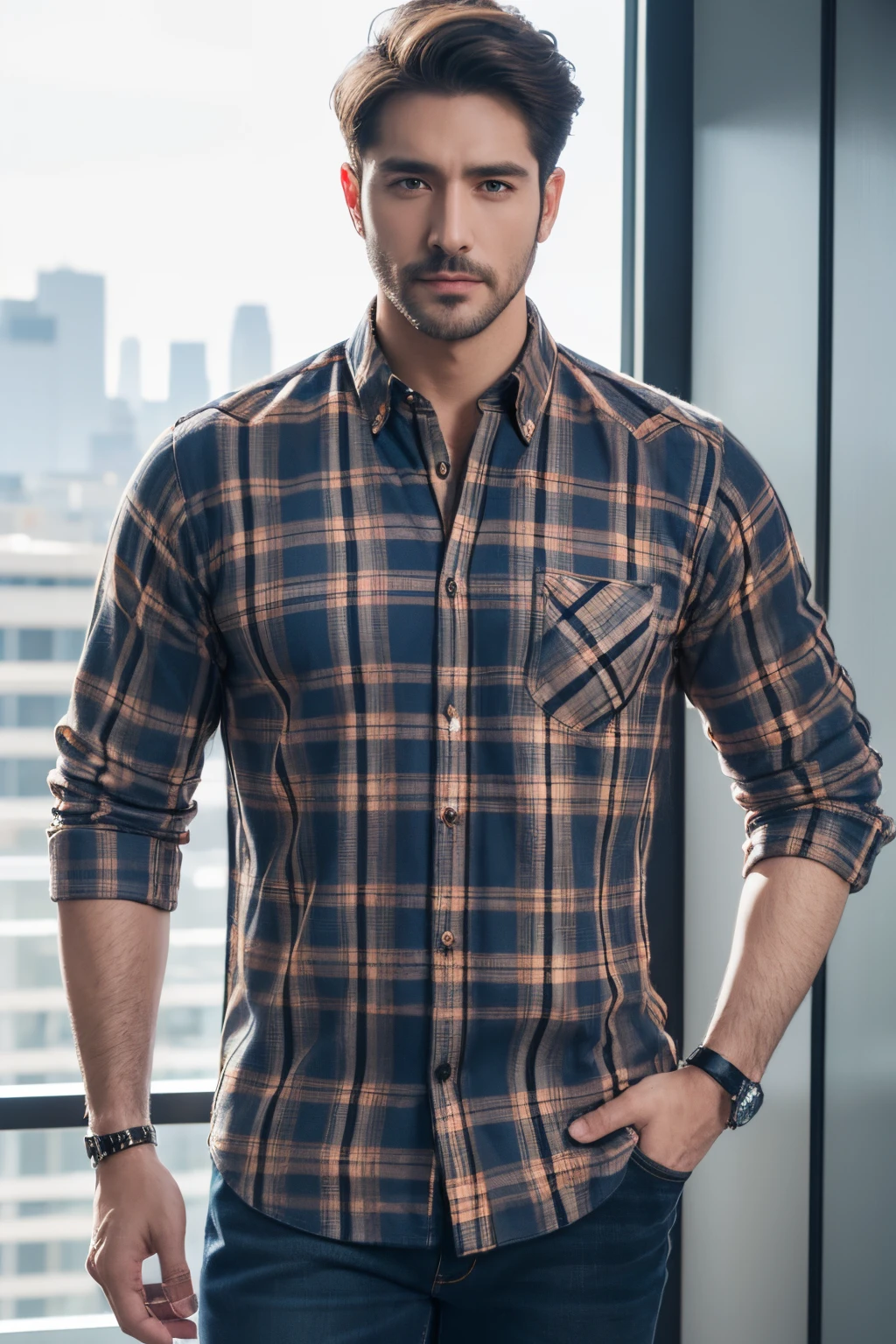 Fashionable science and engineering men, plaid shirts, men's casual shirts, large plaid design, front view, hyper-realistic photography, commercial photography, hyper-realistic, ultra-high-definition, LS, high-definition 8k --ar 16:9 --s 750 --v 5.1