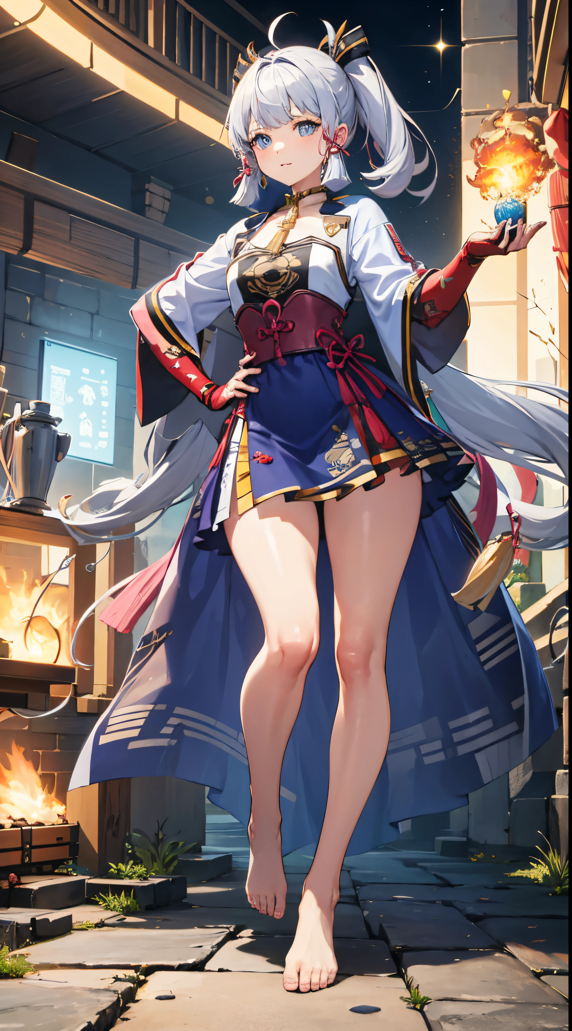 （（（tmasterpiece）））， 4K分辨率， The content is very detailed， （（very detail eyes）））， detailed back ground， 电影灯光， Crystal shiny eyes， high high quality， A high resolution， hyper-detailing， 8K， Best quality， 1 plump girl， 独奏， cellshading， The light from the rear window is backlit， Light particles， thick eyeslashes， Wide sleeves， thick tight， （tmasterpiece：1.3）， （Best quality：1.2）， （Super beautiful illustrations：1.2）， （tmasterpiece）， high high quality， high detal， （独奏：1.4），（Circular image））， Full body lesbian， 1 plump girl，from below，legs long，Transparent black stockings，Advancedsense，high-heels，Golden pupils，The barefoot，short  skirt， Kami Ayaka， ssmile， face flushed， close your mouth， cryokinesis， Black gloves， thick， behind your arm， both hands on hip， hands on own chest， villages
