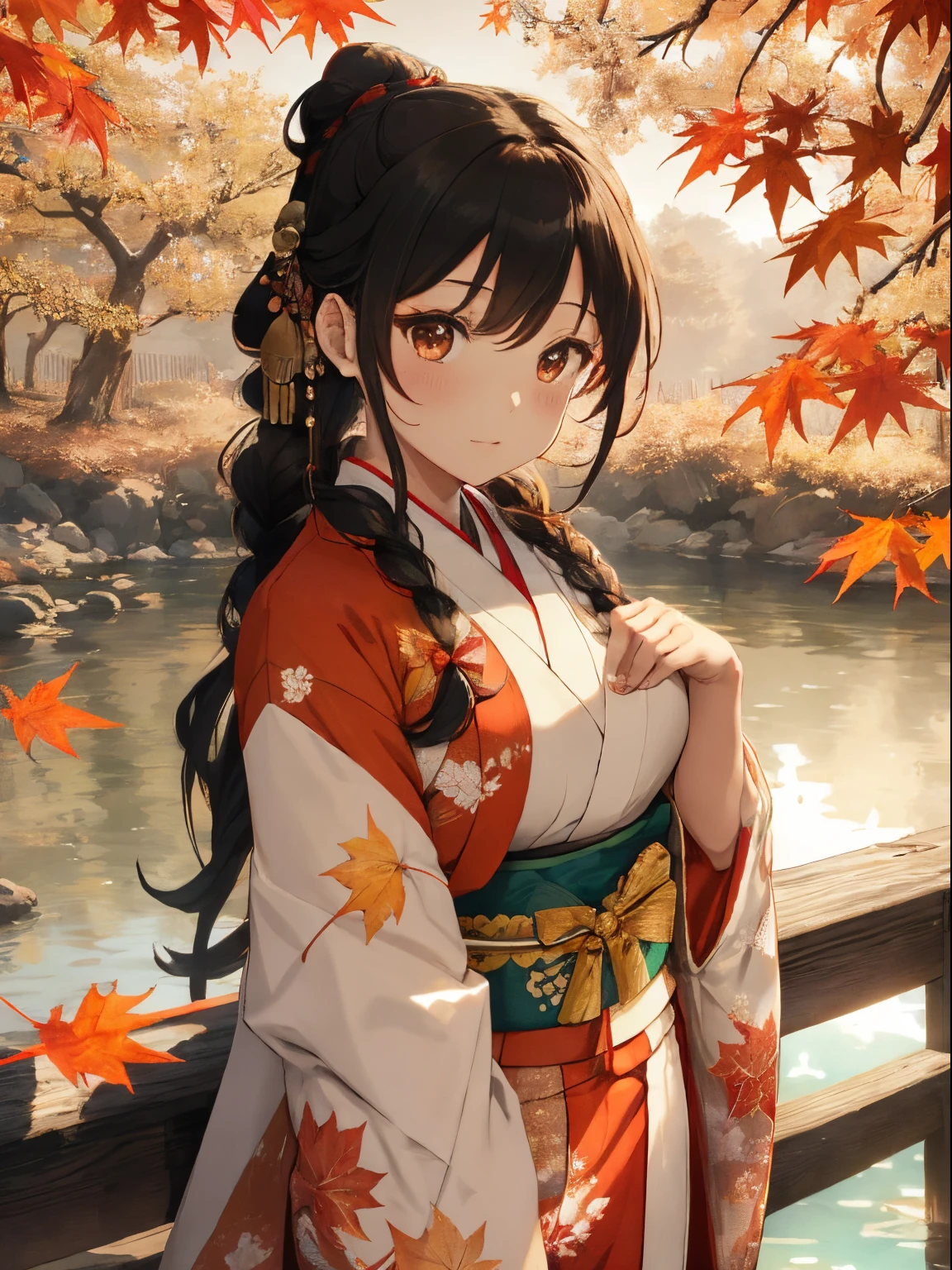 Autumn leaves lakeside,Beautiful lake reflecting light,her fluffy hair is tied up in a loose bun.,Braids,Braiding,Colorful and gorgeous kimono,The hem is long enough to reach the ground,Furisode,shuicolor,white,Pink,Dark green,an orange,A black,reddish,his cheeks are red with embarrassment,gesture of holding one'Chest with both hands,A slightly troubled look,My body writhes with pleasure,SEX,ecstacy,