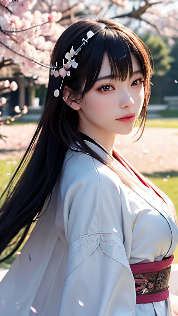 (A logo、​masterpiece、8K、masutepiece、Raw photo、Fantastic、Best Quality、Photorealistic、extremely detailed CG unified 8k wallpaper、hightquality、ighly detailed、epic poem、Particle effect、Dynamic effects、depth of fields、Cinematic Light、Lens Flare、Ray tracing)、Fantasia、 (Beauty 1 person、White Japanese Clothing、Japanese dress、White cherry blossom pattern、White cherry blossom embroidery pattern、A dark-haired、Beautiful face、Real Face、Beautiful detail eyes、Beautiful skin)、Hair flutters in the wind、Hair jumps、Pink cherry blossom tree、Petals flutter、Sakura blizzard、Superb view、morning glow、Sun in the background、the wind、Deities、tusk、myth、Vast Land、