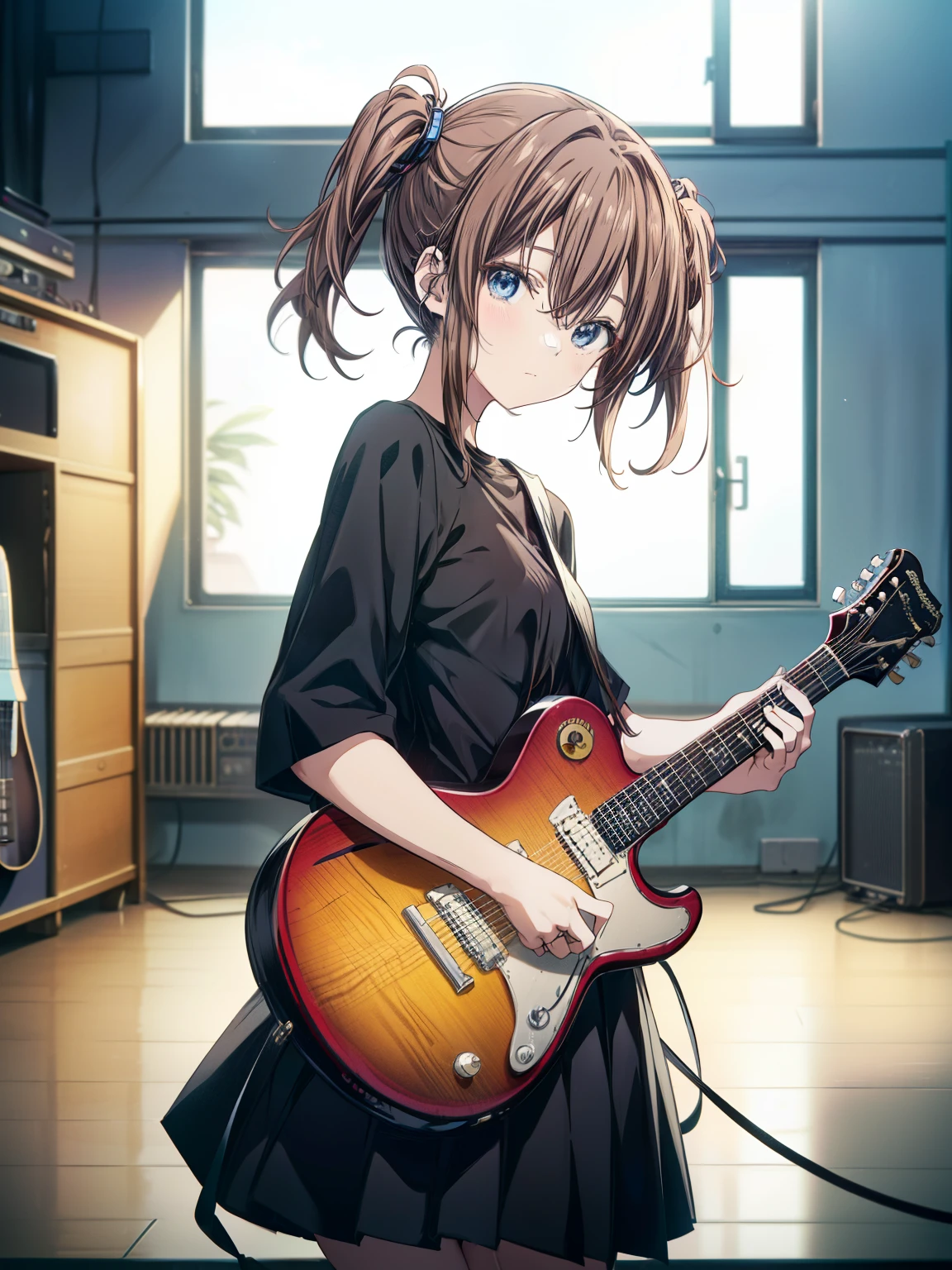 ((masutepiece, Best Quality))1girll, Solo, Black Dress, Blue eyes, electric guitar, Guitar, ear phone, double ponytails, Holding, holding plectrum, musical instrument, Long hair, Music, One side up, brown haired, double tails, playing guiter, Pleated skirt, Black shirt, interiors