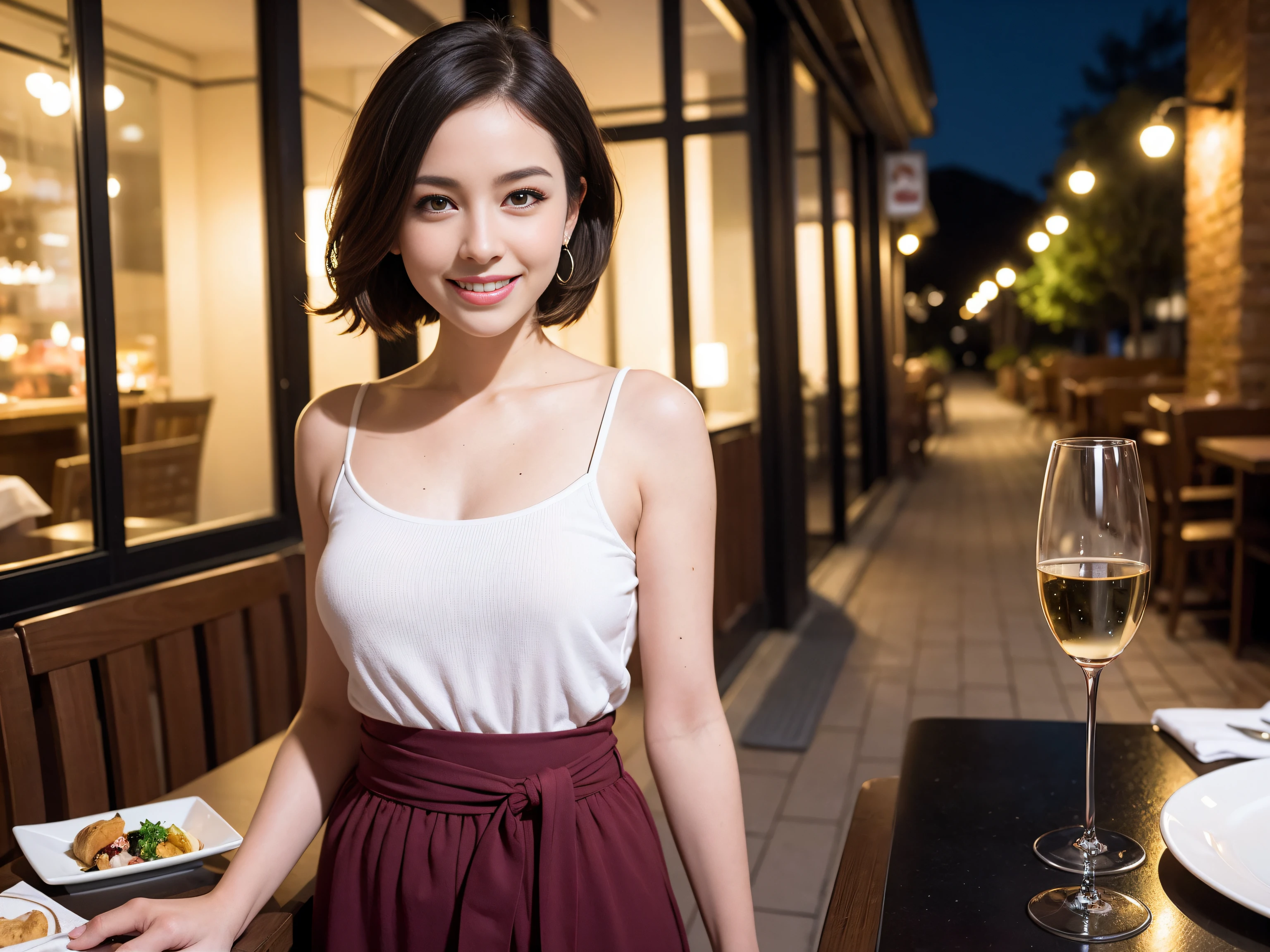 (64K, UHD, top quality, masterpiece: 1.2), (realistic, photorealistic: 1.37), super detailed, pretty woman 1 person, (slim face), (slim body), (brown hair), (short cut), cheeks slightly blushing, (44 years old), 38 years old, solo, beautiful detailed urban night view outside the window, restaurant, wine glasses sit, at night, in a prominent placeNovaFrogStyle, Actress, Model, Waist Up, White Wine, Slim, Wine Glass, Super Clean Night View, Wine Glass Put in the Middle, Happy Smile, (Smile: 1.15), Beautiful Fine Eyes, Upper Body, Bust Japan Up, Night, Short, Short, Actress, Model, Waist Up, White Wine, Slim, Wine Glass, Super Clean Night View, Wine Glass Put in the Middle, Happy Smile,