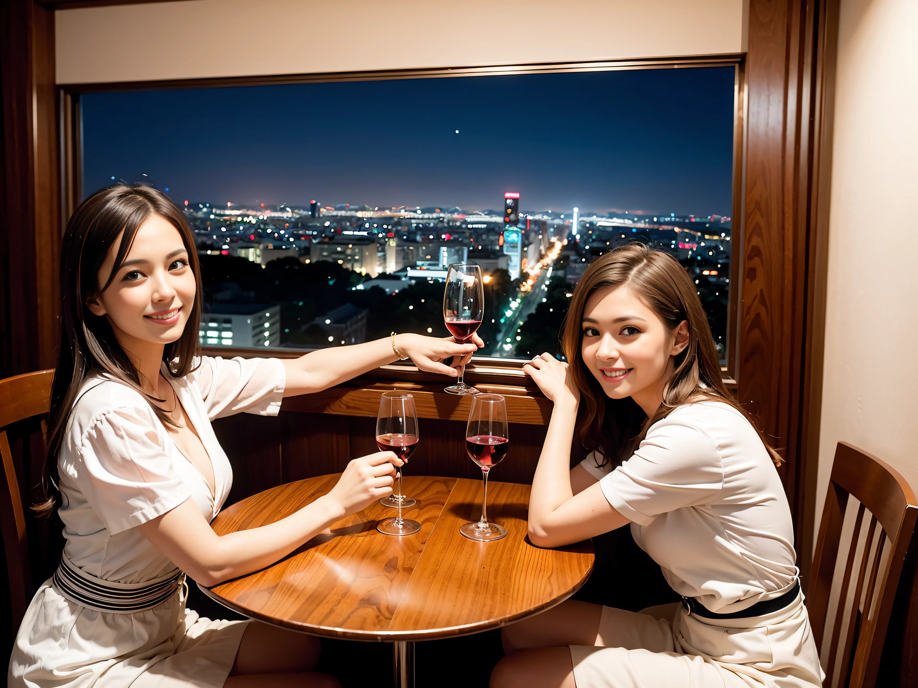 (64K, UHD, top quality, masterpiece: 1.2), (realistic, photorealistic: 1.37), super detailed, pretty woman 1 person, (slim face), (slim body), (brown hair), (short cut), cheeks slightly blushing, (44 years old), 38 years old, solo, beautiful detailed urban night view outside the window, restaurant, wine glasses sit, at night, in a prominent placeNovaFrogStyle, Actress, Model, Waist Up, White Wine, Slim, Wine Glass, Super Clean Night View, Wine Glass Put in the Middle, Happy Smile, (Smile: 1.15), Beautiful Fine Eyes, Upper Body, Bust Japan Up, Night, Short, Short, Actress, Model, Waist Up, White Wine, Slim, Wine Glass, Super Clean Night View, Wine Glass Put in the Middle, Happy Smile,