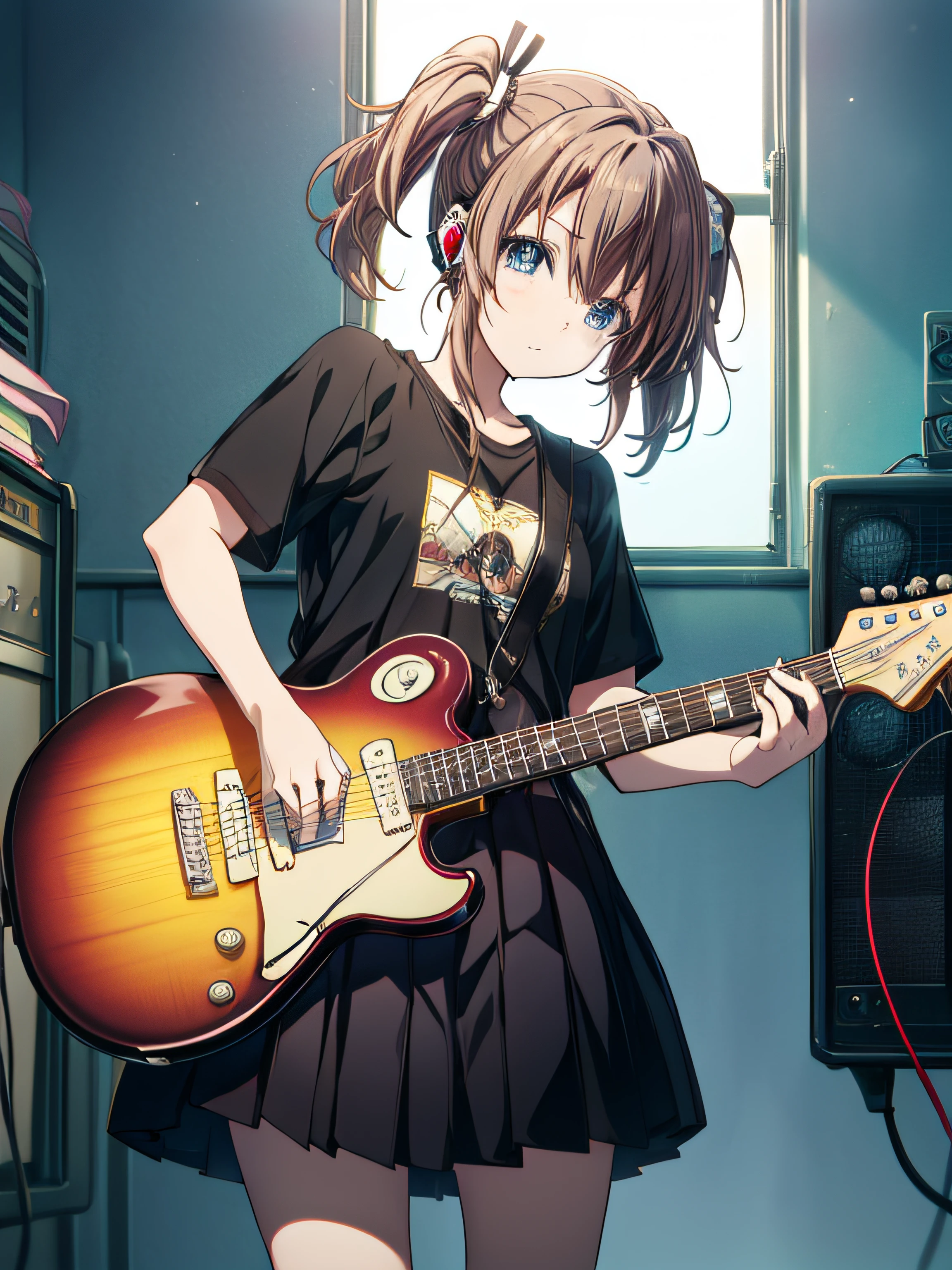 ((masutepiece, Best Quality))1girll, Solo, Black Dress, Blue eyes, electric guitar, Guitar, ear phone, double ponytails, Holding, holding plectrum, musical instrument, Long hair, Music, One side up, brown haired, double tails, playing guiter, Pleated skirt, Black shirt, interiors