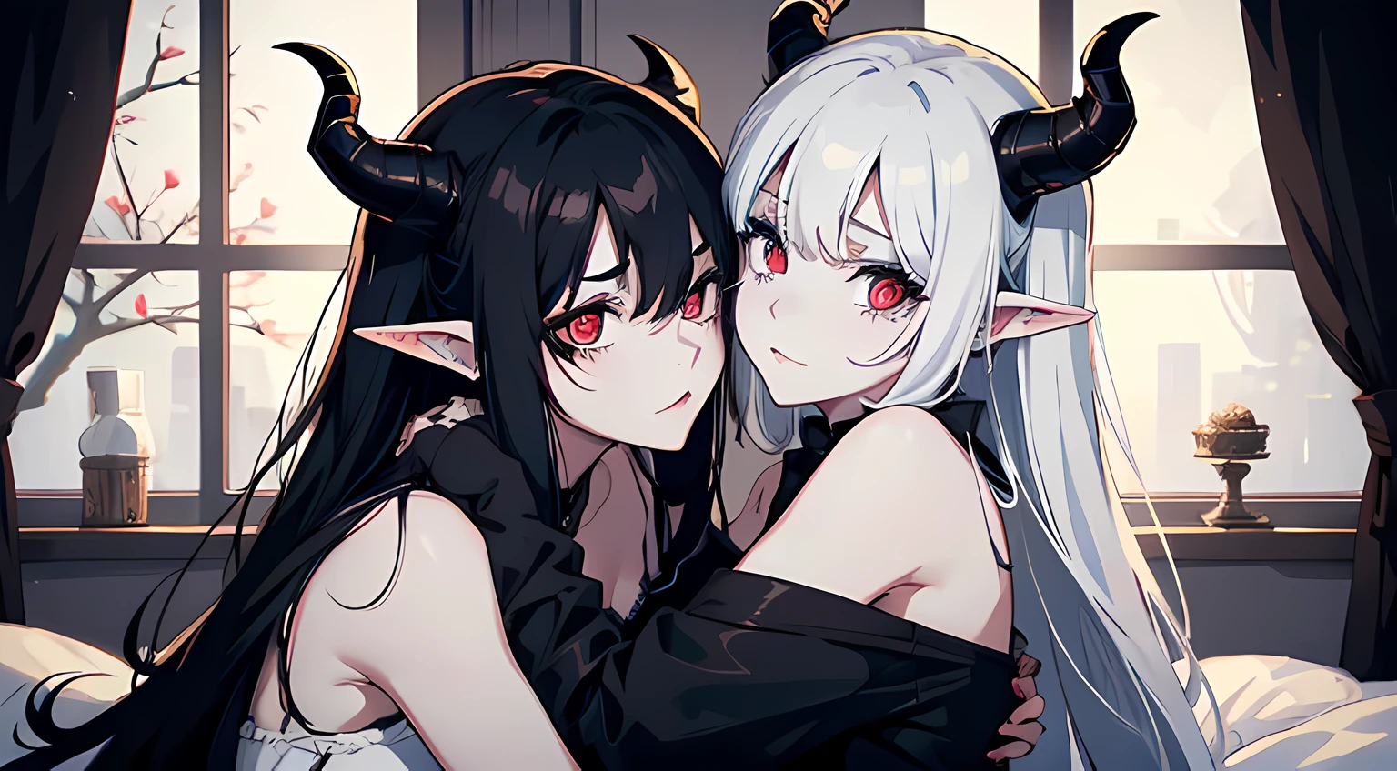 2girls,profile,cunnilingus,(fingering),(spread pussy),excessive pussy juice,yuri,hug,uneven horns,tattoo,messy hair,silver hair,black hair,demon girl,demon tail,hooded cloak,blue eyes,solar eclipse,piercing,pointy ears,flat chest,smirk,nsfw