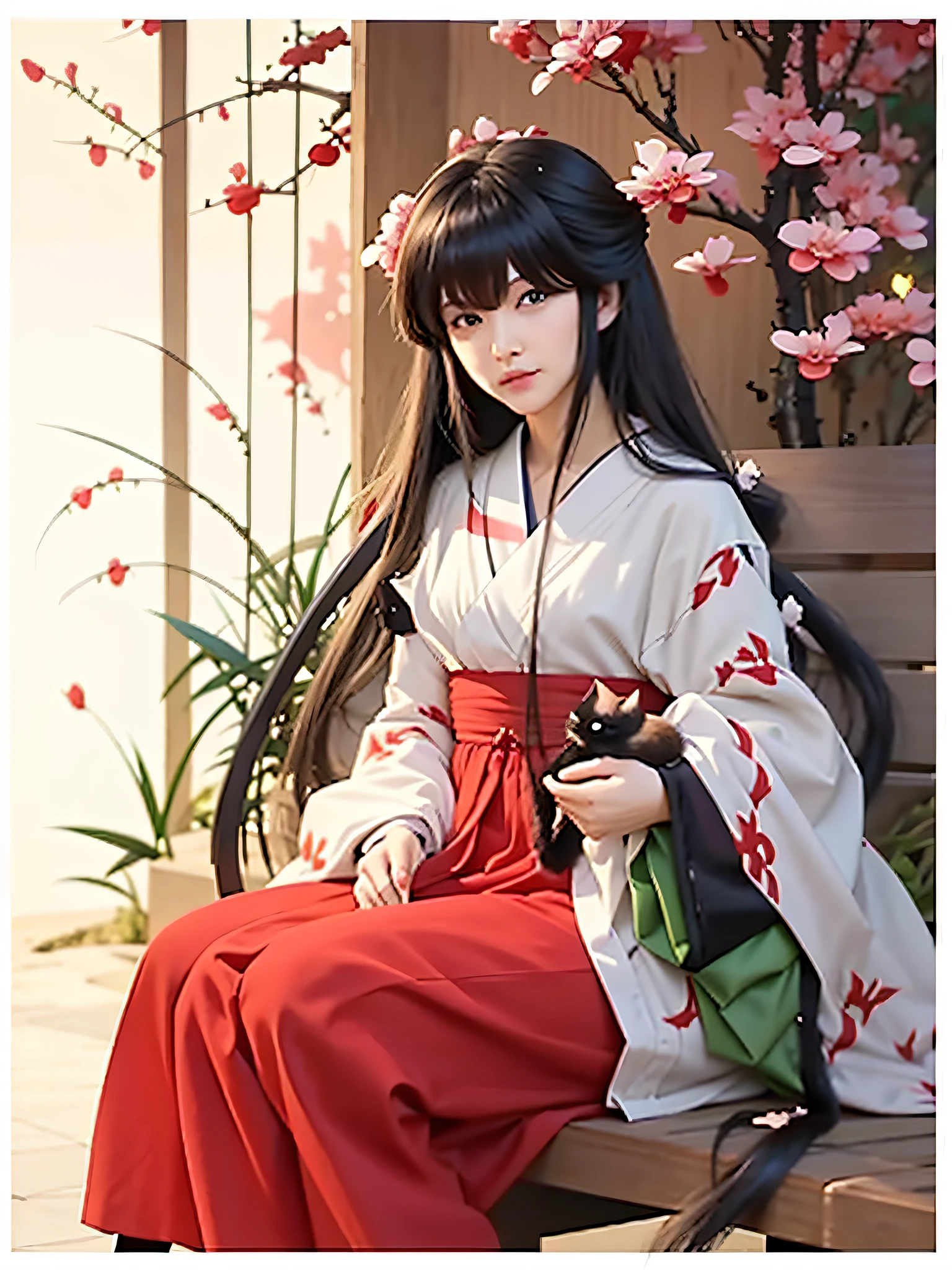 A woman in a kimono sits on a bench with a cat, Beautiful anime woman, long hair girl, anime cat, beautiful anime style, traditional art, inuyasha,Kikyou