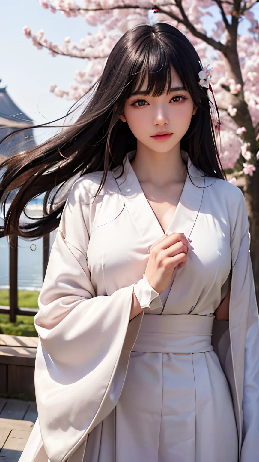 (A logo、masterpiece、8K、masutepiece、Raw photo、Fantastic、Best Quality、Photorealistic、extremely detailed CG unified 8k wallpaper、hightquality、ighly detailed、epic poem、Particle effect、Dynamic effects、depth of fields、Cinematic Light、Lens Flare、Ray tracing)、Fantasia、 (1 beautiful woman in a white coat、robe blanche、Japanese dress、A dark-haired、Beautiful face、Real Face、Beautiful detail eyes、Beautiful skin)、Hair flutters in the wind、Hair jumps、Pink cherry blossom tree、Petals flutter、Sakura blizzard、Superb view、morning glow、Sun in the background、the wind、Deities、tusk、myth、Vast Land、